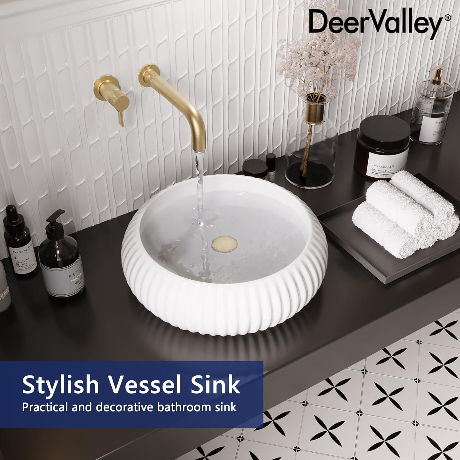 DeerValley 16" x 5'' Bathroom Sink,White Ceramic Circular Vessel Sink,Vitreous China Vessel Bathroom Sink with Fluted Sides and Overflow