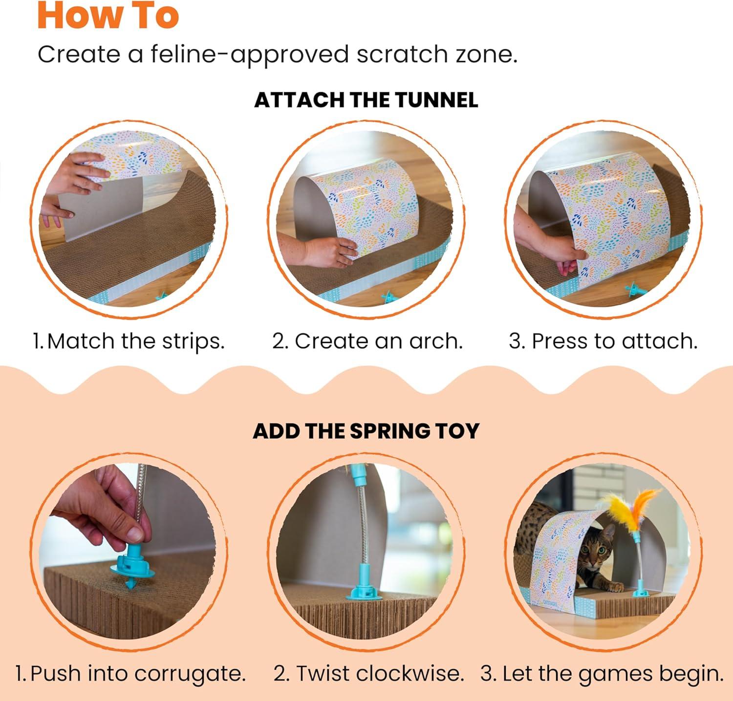 Catstages Cat Tunnel Scratcher with Feather Spring Toy and Removable Tunnel, Corrugated Scratching Pad for Rest, Play, & Nail Trimming, Multicolored