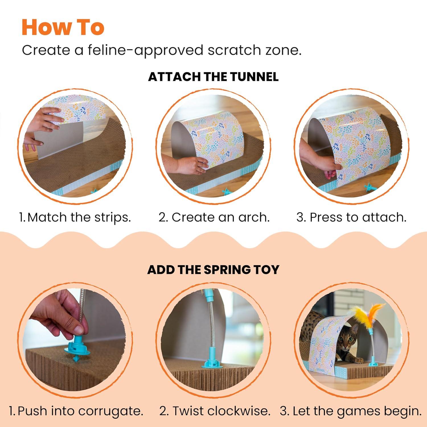 Catstages Cat Tunnel Scratcher with Feather Spring Toy and Removable Tunnel, Corrugated Scratching Pad for Rest, Play, & Nail Trimming, Multicolored