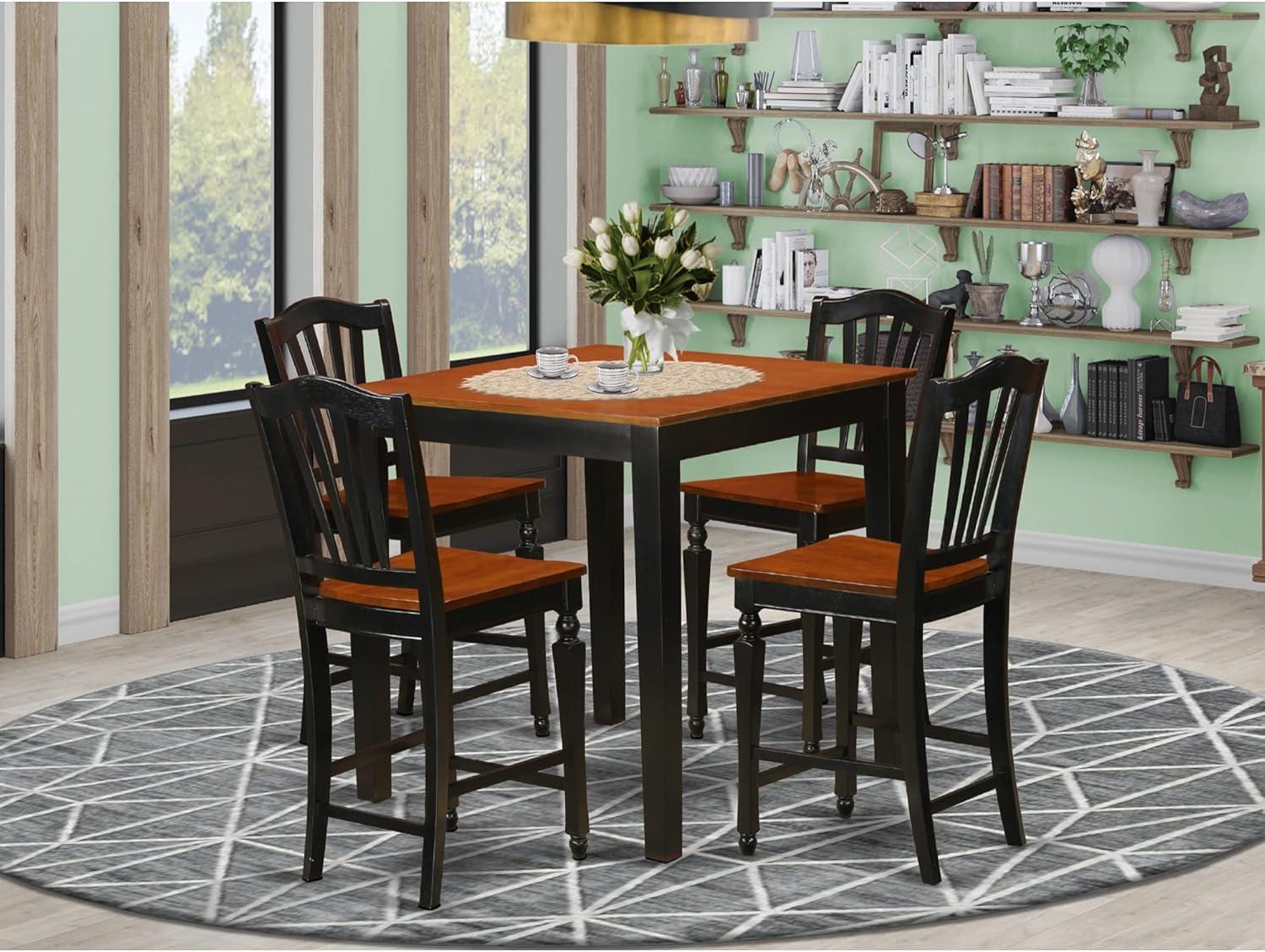 Black and Cherry Square Pub Table with 4 Slatted Chairs