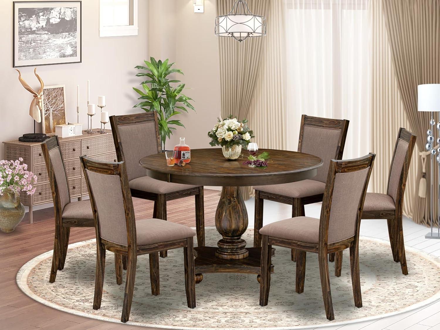 Jacobean Round Pedestal Dining Set with Coffee Linen Chairs, 48"