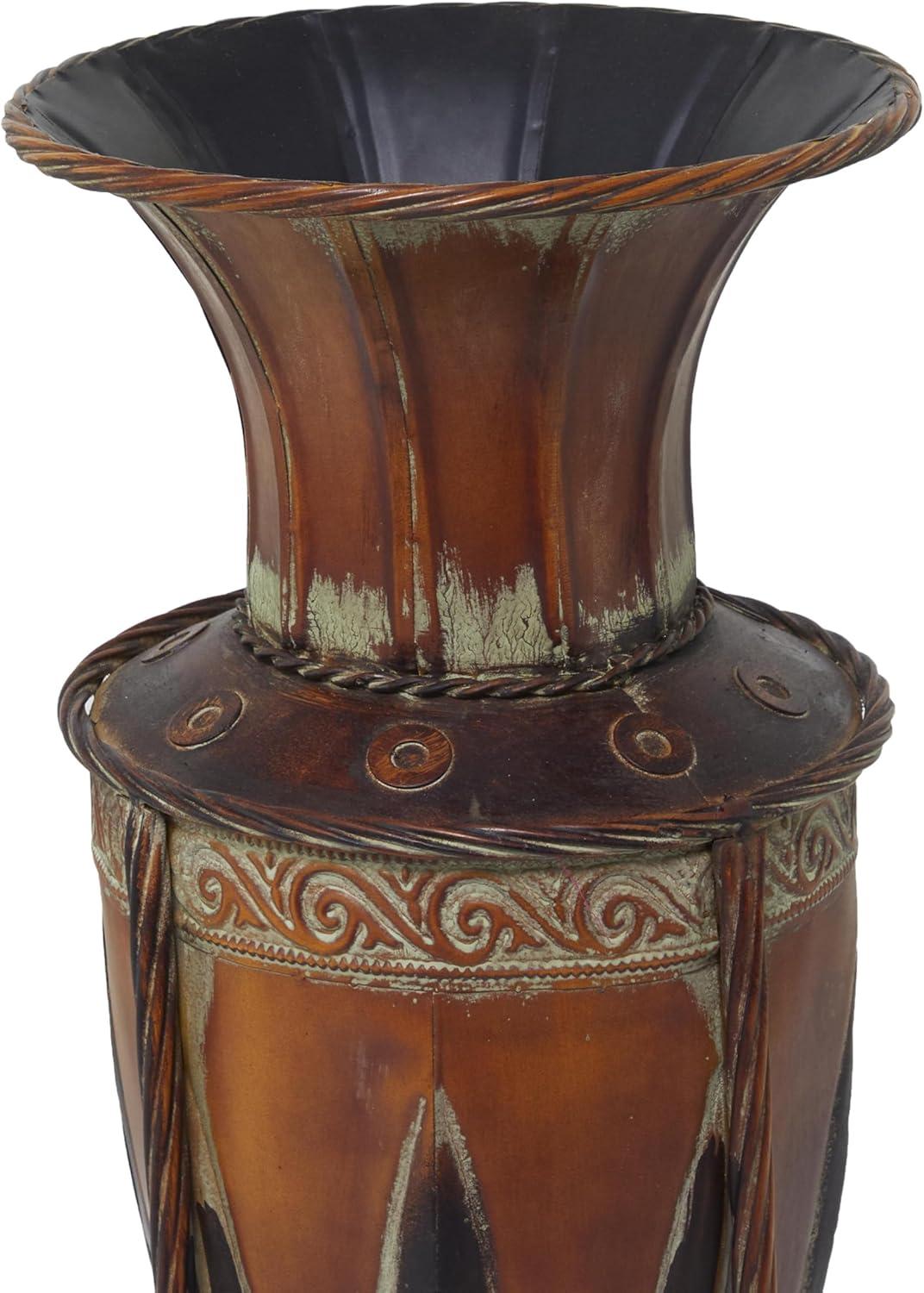 DecMode 27" Tall Brown Metal Vase with Attached Metal Stand and Intricate Design