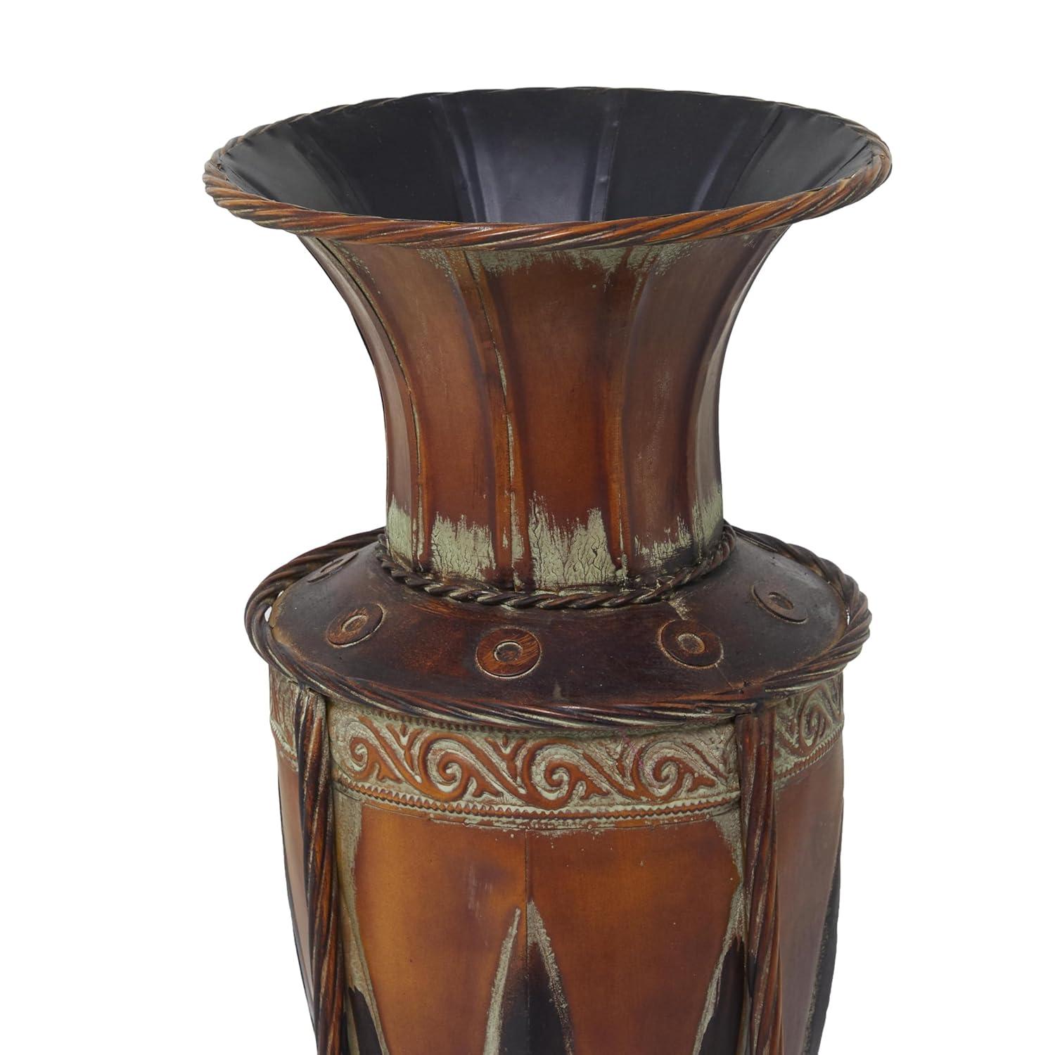 DecMode 27" Tall Brown Metal Vase with Attached Metal Stand and Intricate Design