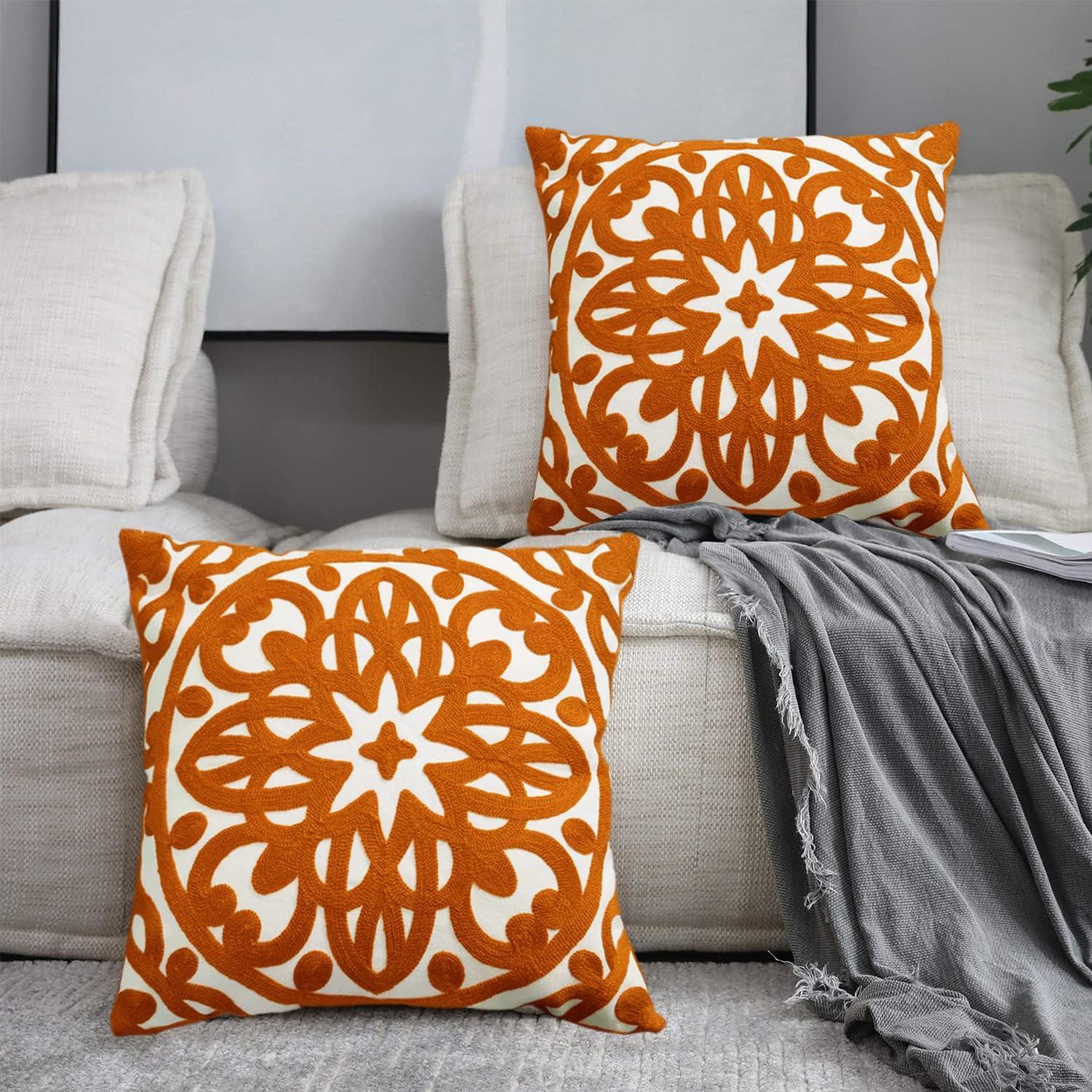 Burnt Orange Embroidered Cotton Euro Throw Pillow Covers