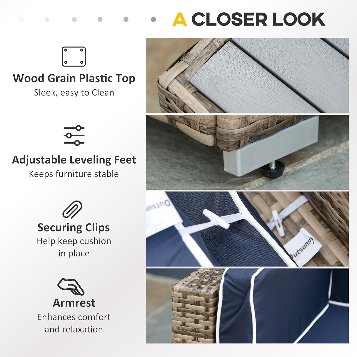 Outsunny 7-Piece Patio Furniture Set, Outdoor Wicker Conversation Set, All Weather PE Rattan Sectional Sofa w/ Faux Wood Table, Stripe Pillows, Beige