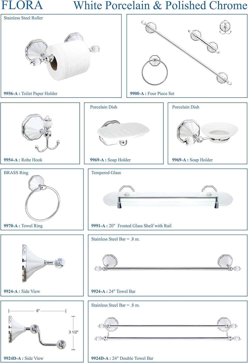FLORA 4 Piece Bathroom Accessories Set in White Porcelain and Polished Chrome