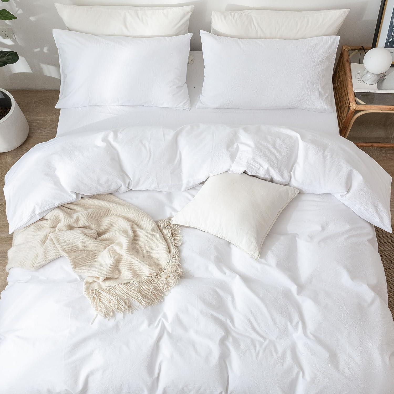 QUALITY FLOORING INC. Bedding Duvet Cover Set 100% Washed Cotton Linen Like Textured Breathable Durable Soft Comfy (Off White, King)
