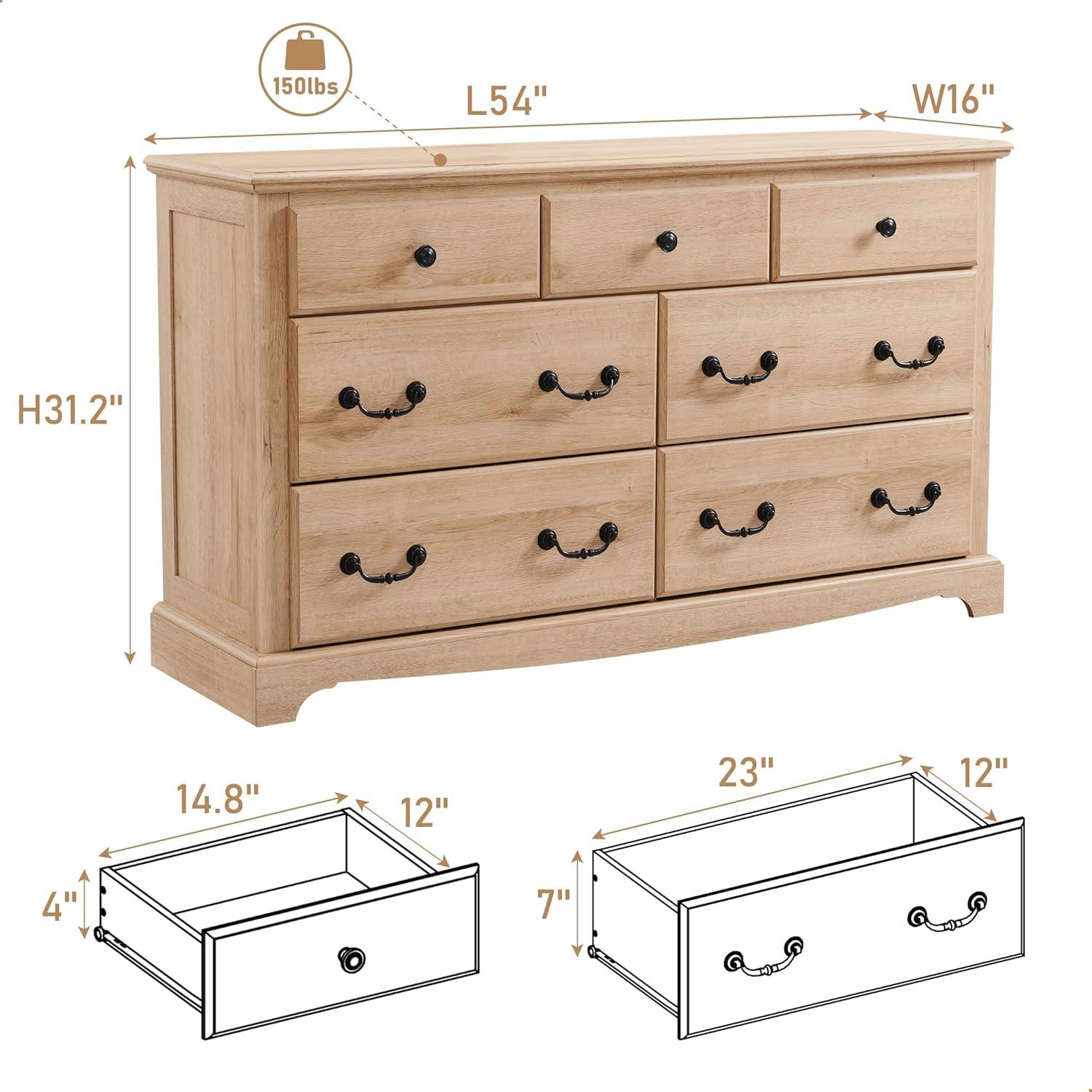 Natural Oak 7-Drawer Rustic Wood Dresser with Ball Bearing Slides