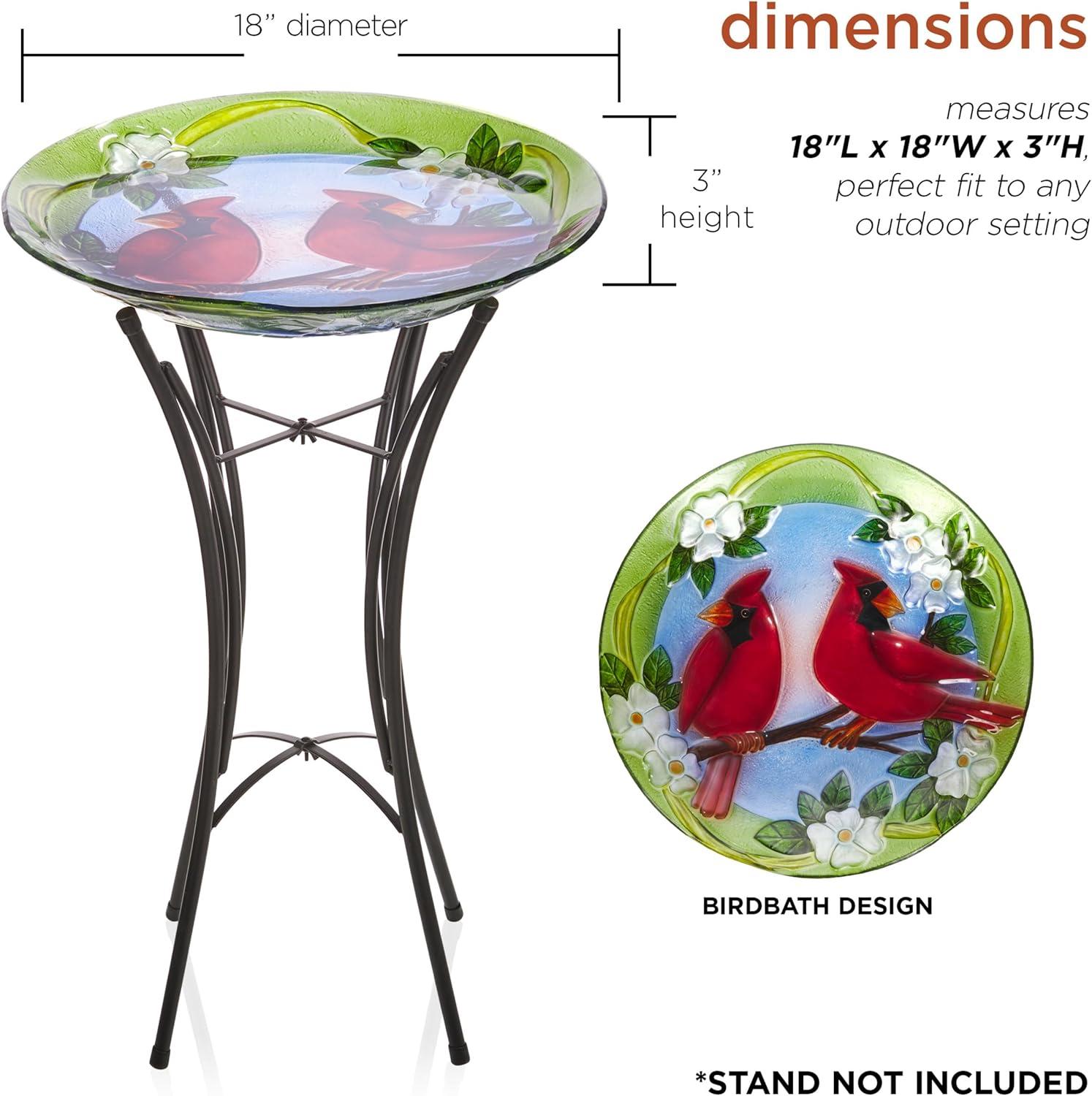 18" Glass Birdbath and Cardinal Bird Red - Alpine Corporation: Weather-Resistant, Freestanding Outdoor Decor