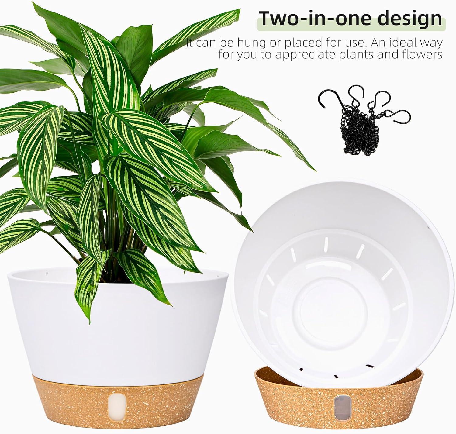 2 Pack 10 inch White Plastic Hanging Planters with 3 Hooks,Hanging Plant Pot Basket with Drainage Hole for Garden Home