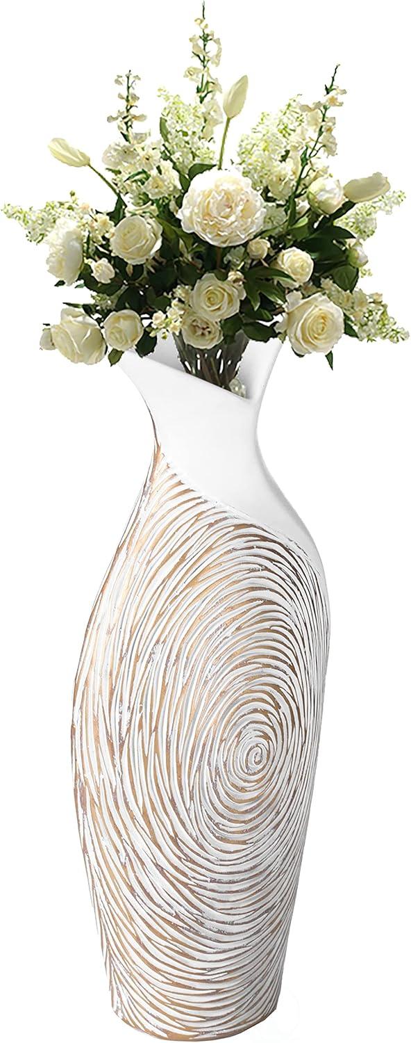 17.5-inch White and Gold Ribbed Ceramic Table Vase