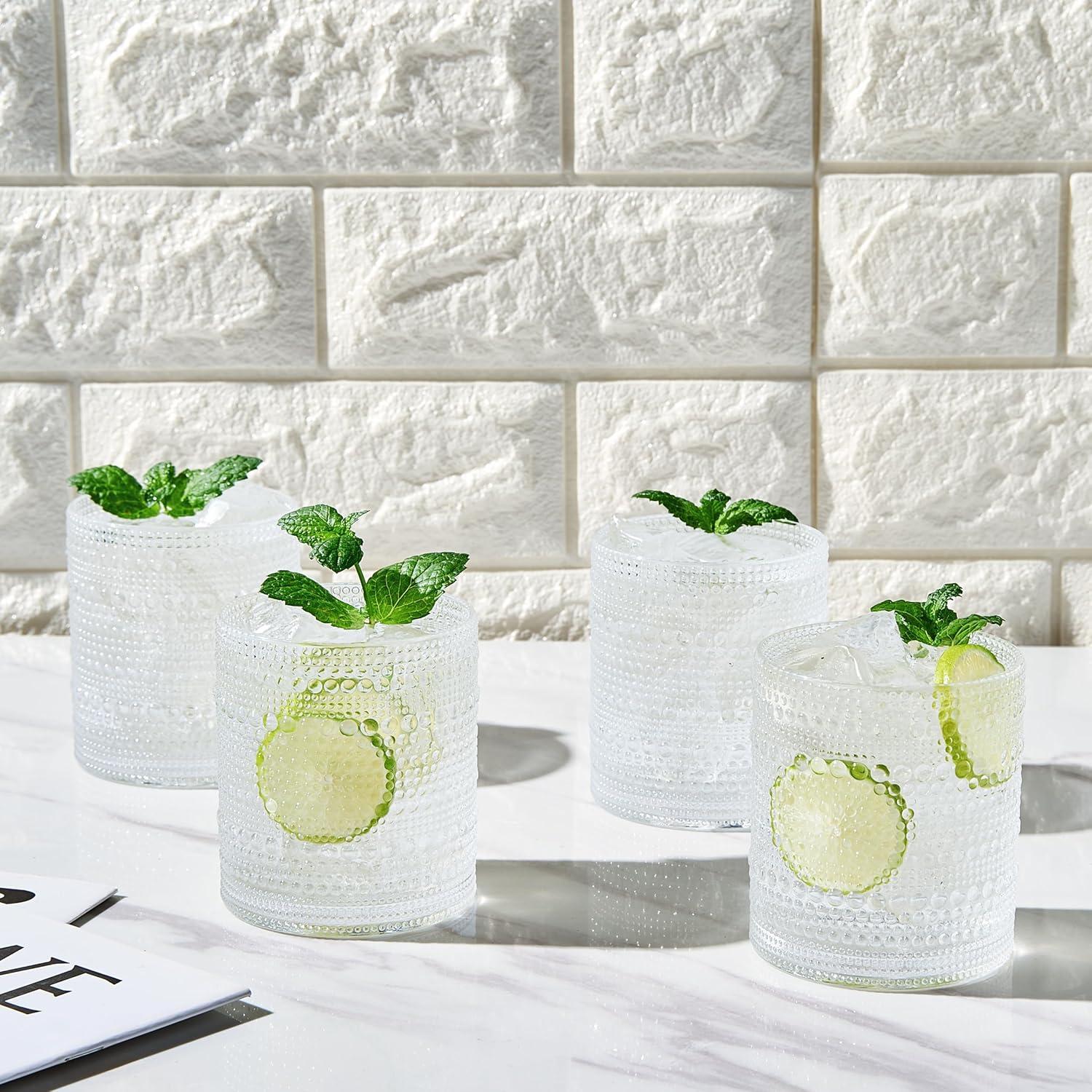 Khen Plastic Hobnail Drinking Glasses Set of 4 Clear Cups 14oz, Shatterproof & Unbreakable Acrylic Beaded Design, BPA-Free, Dishwasher Safe Indoor/Outdoor Drinkware for Water, Juice, Cocktails