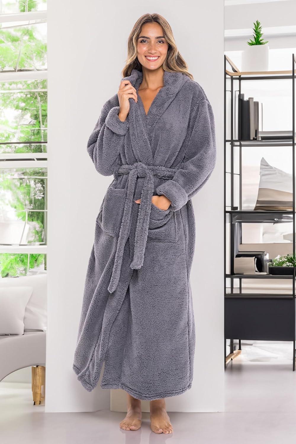 ADR Womens Fluffy Robe, Fuzzy Robe for Women, Long Hooded Robes for Women, Plus Size Robe Steel Gray XS