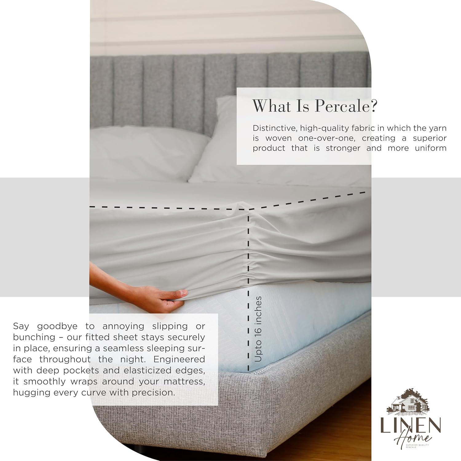 Linen Home 100% Cotton Percale Sheets Queen Size, Silver, Deep Pocket, 4 Pieces Set - 1 Flat, 1 Deep Pocket Fitted Sheet and 2 Pillowcases, Crisp Cool and Strong Bed Linen