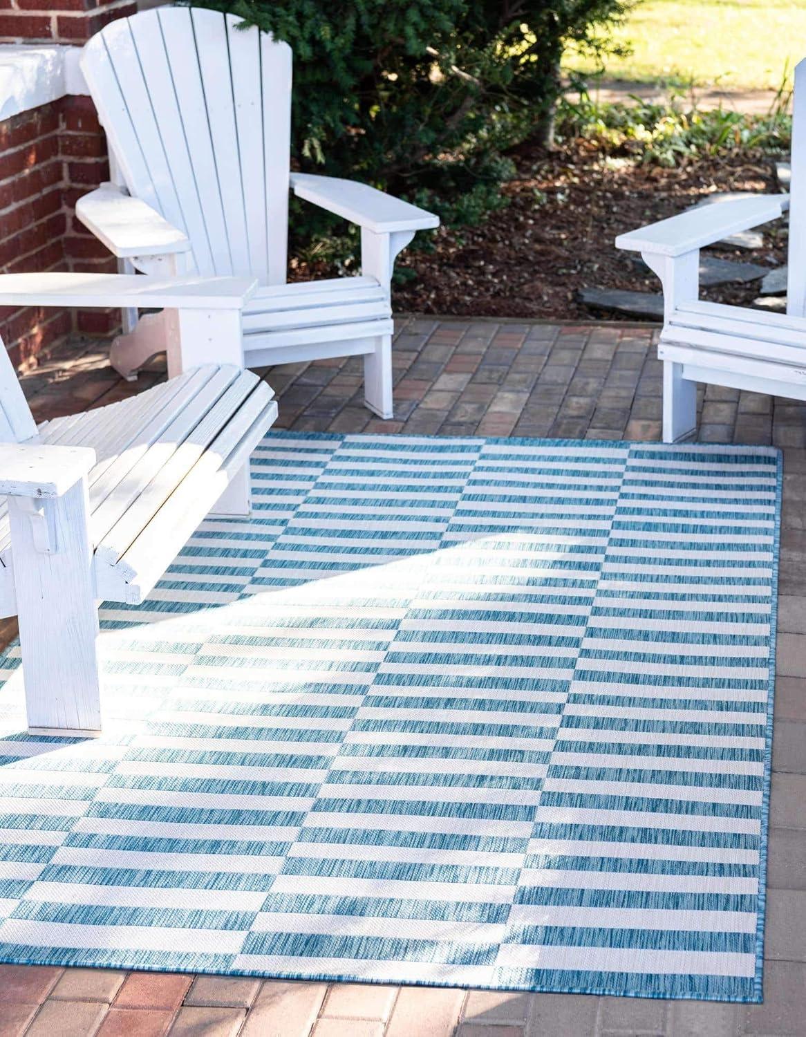 Unique Loom 4' 1 x 6' 1 Rectangle Indoor/Outdoor Striped Light Aqua Area Rug