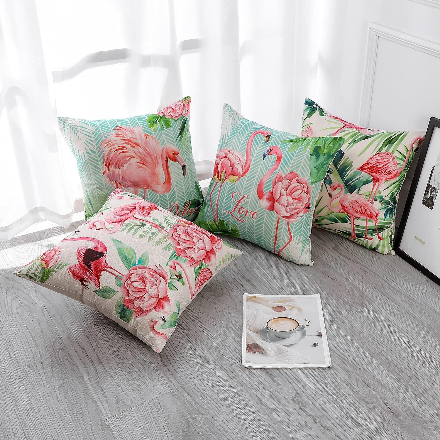 Artscope Set of 4 Waterproof Throw Pillow Covers 18x18 Inches, Pink Roses and Butterfly Pattern Decorative Cushion Covers, Perfect to Outdoor Patio Garden Living Room Sofa Farmhouse Decor