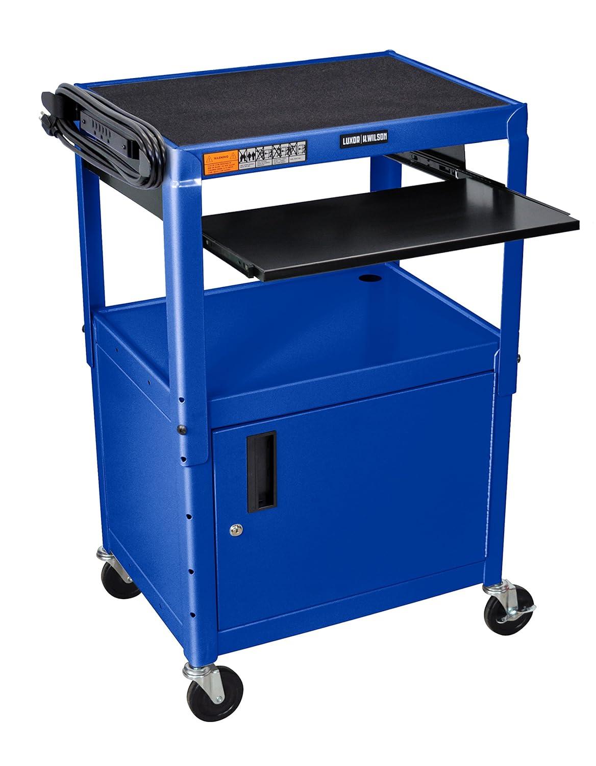 Adjustable Height Blue Metal A/V Cart With Pullout Keyboard Tray And Cabinet