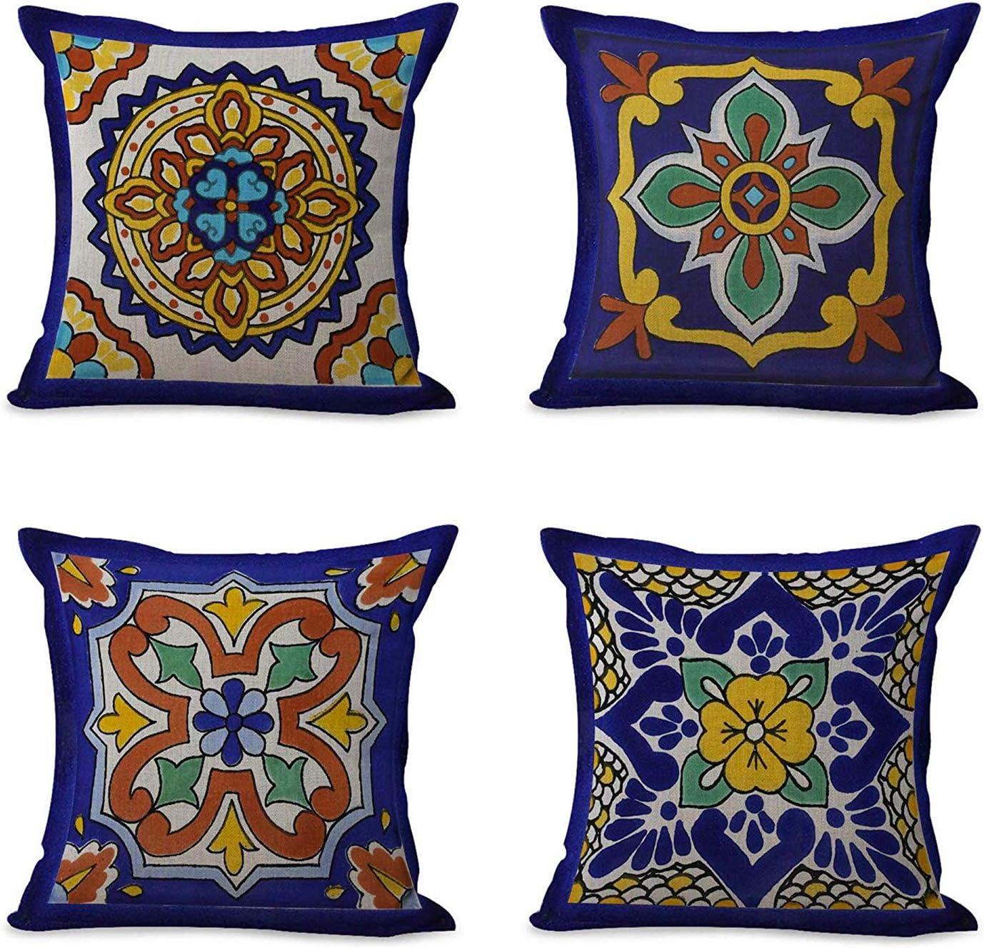 Exotic Geometry Linen Pillow Covers - Set of 4 Spanish Talavera Dark Retro Ethnic Home Decor 18"x18" Flax Cushion Cases Square Pillowcases