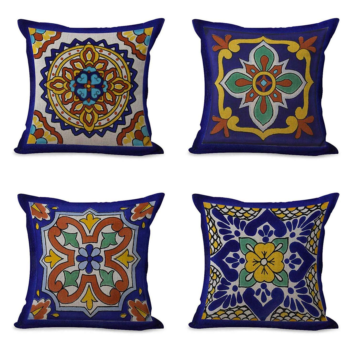 Exotic Geometry Linen Pillow Covers - Set of 4 Spanish Talavera Dark Retro Ethnic Home Decor 18"x18" Flax Cushion Cases Square Pillowcases