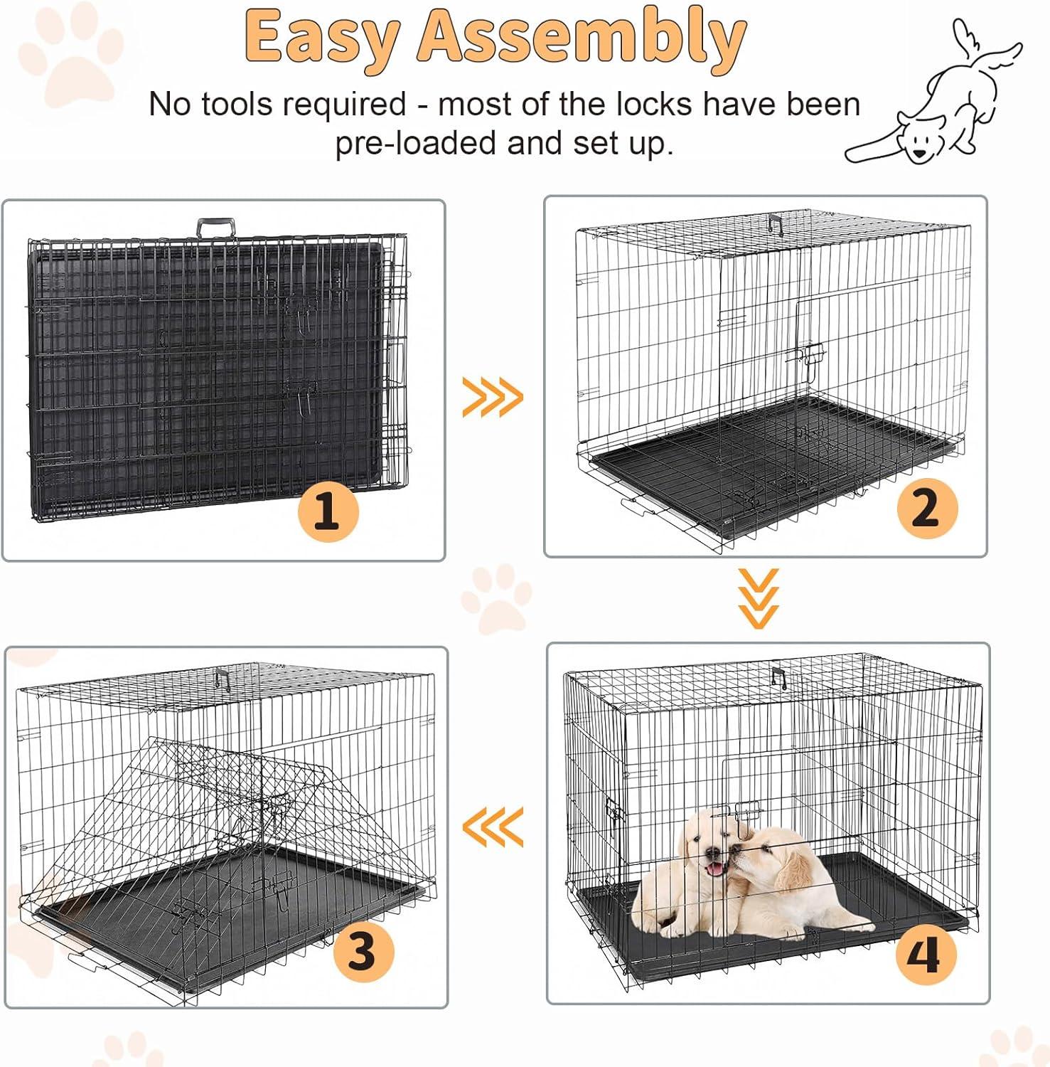 24-Inch Foldable Metal Wire Dog Crate, Collapsible Double Door Dog Crate with Removable Leak-Proof Pan, Divider Dogs Crate with Handle, Black