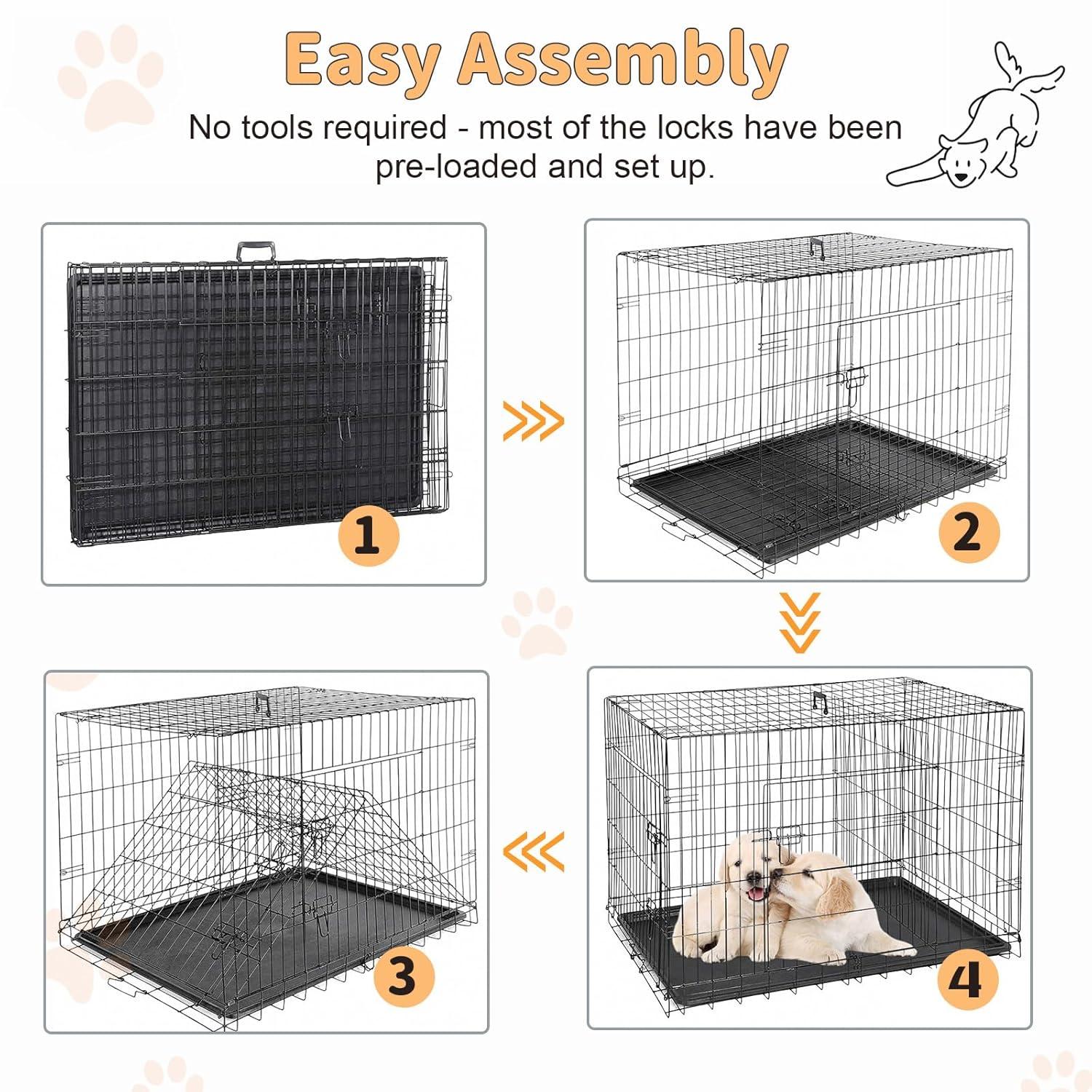 24-Inch Foldable Metal Wire Dog Crate, Collapsible Double Door Dog Crate with Removable Leak-Proof Pan, Divider Dogs Crate with Handle, Black