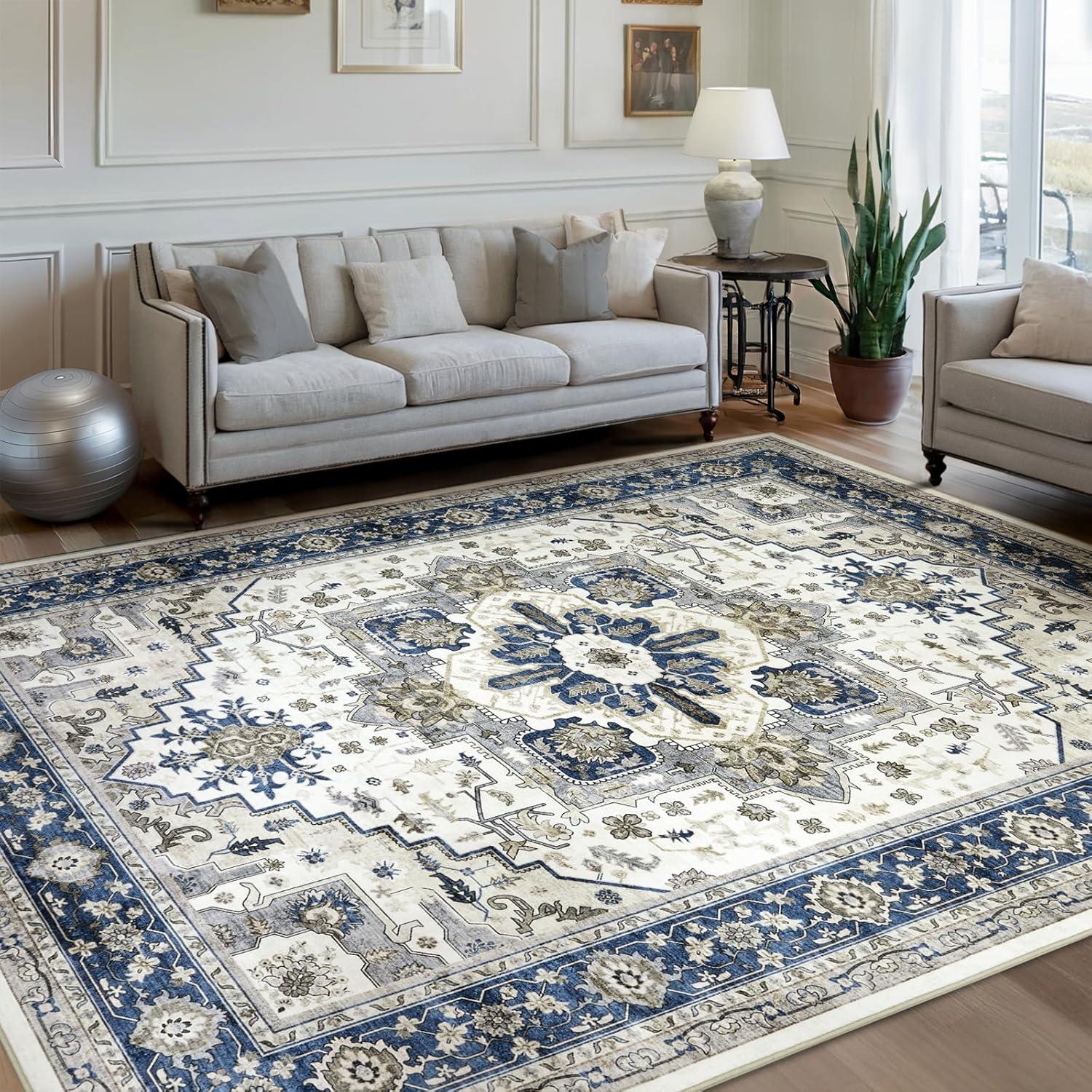 GlowSol 8x10 Floral Area Rug for Living Room Bedroom Retro Distressed Area Rug Traditional Medallion Non-Slip Low Pile Carpet Floor Decoration, Blue