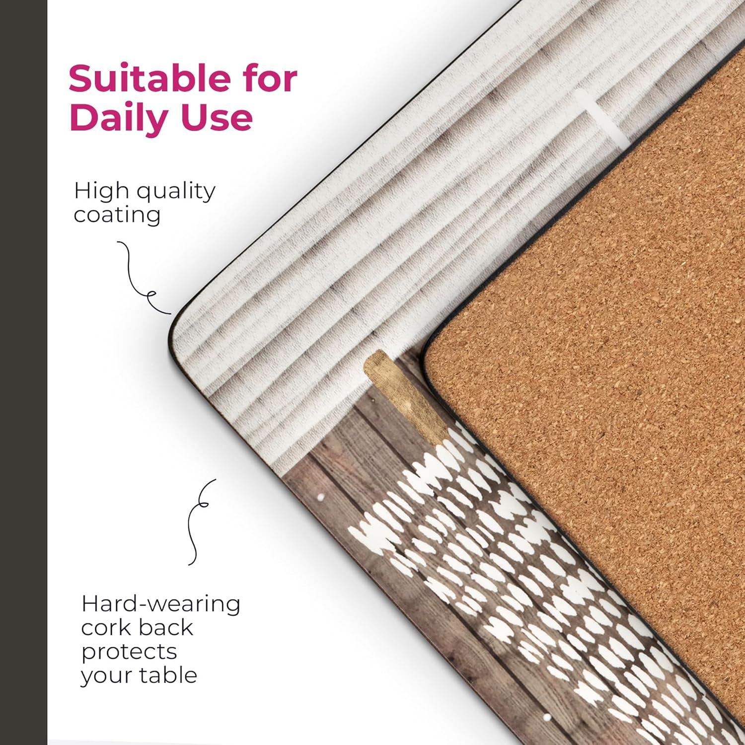 Pimpernel Wooden White Christmas Placemats (Set of 4), Cork-Backed, Heat-Resistant Table Mats, (15.7" x 11.7"), Festive Snowy Tree Design