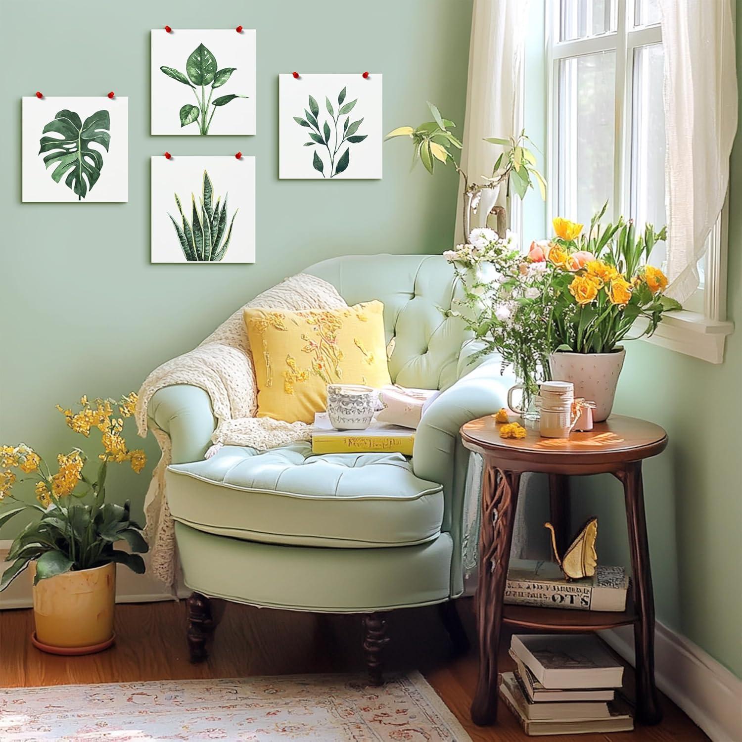 ArtbyHannah Canvas Wall Art Prints, Unframed Botanical Pictures Wall Decor, Sage Green Leaf Plant Poster for Bedroom Decorations & Gift (10x10 Inch, 4 Pack)