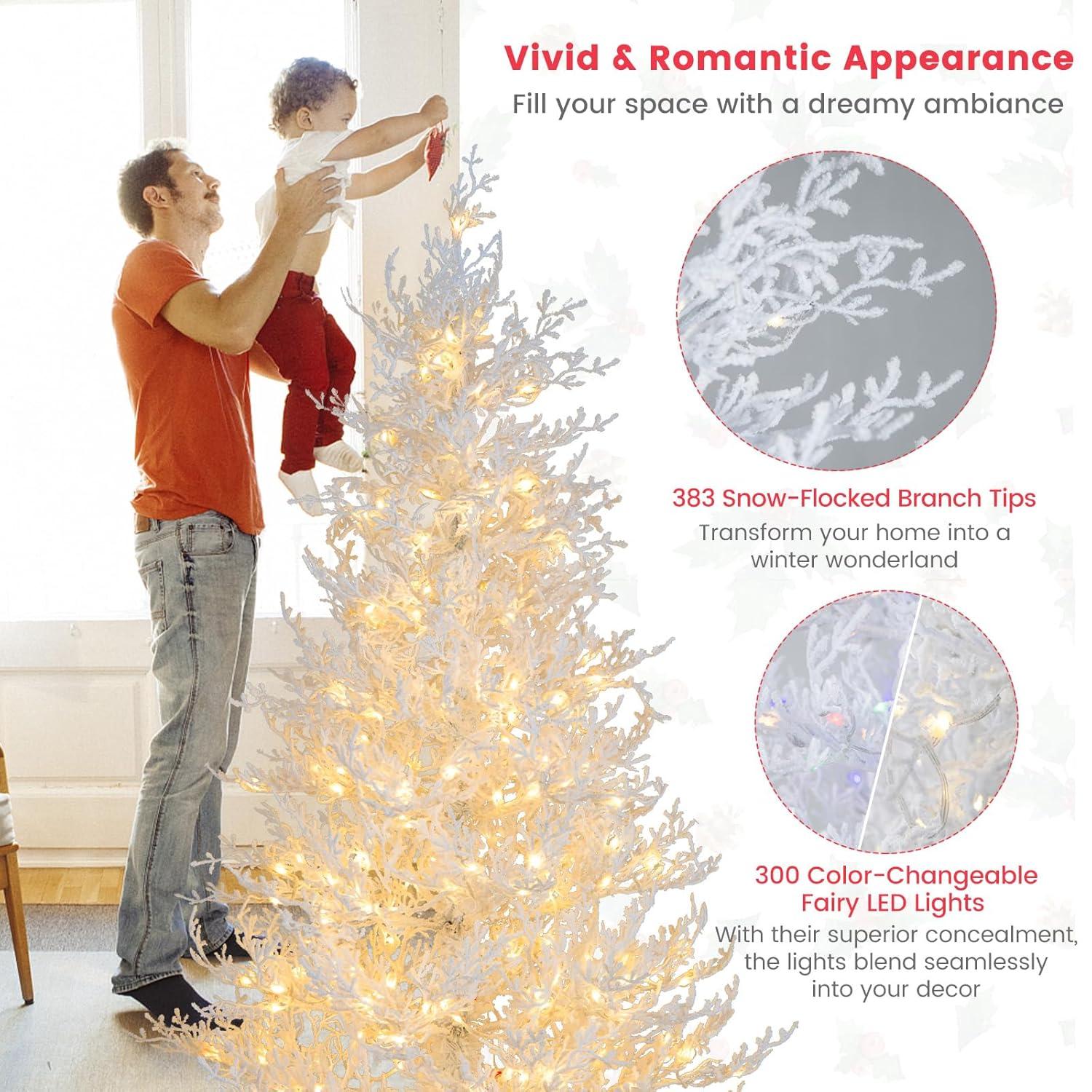 Tangkula 6FT Pre-lit Artificial Xmas Tree Hinged Christmas Tree with 383 Snow Flocked Branch Tips 300 Warm White & Multi-colored LED Lights