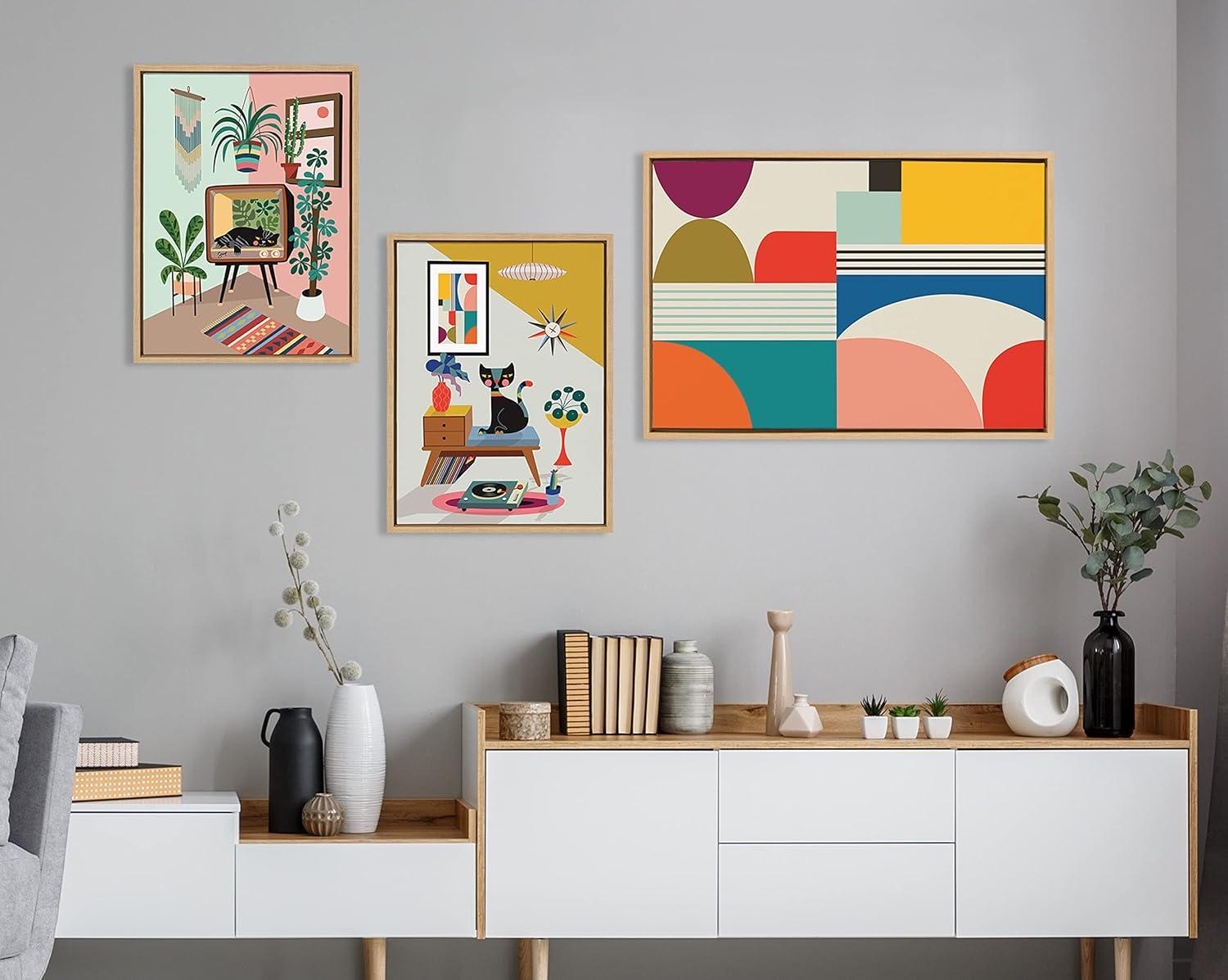 Mid Century Modern Multicolor Abstract Canvas Art with Natural Frame