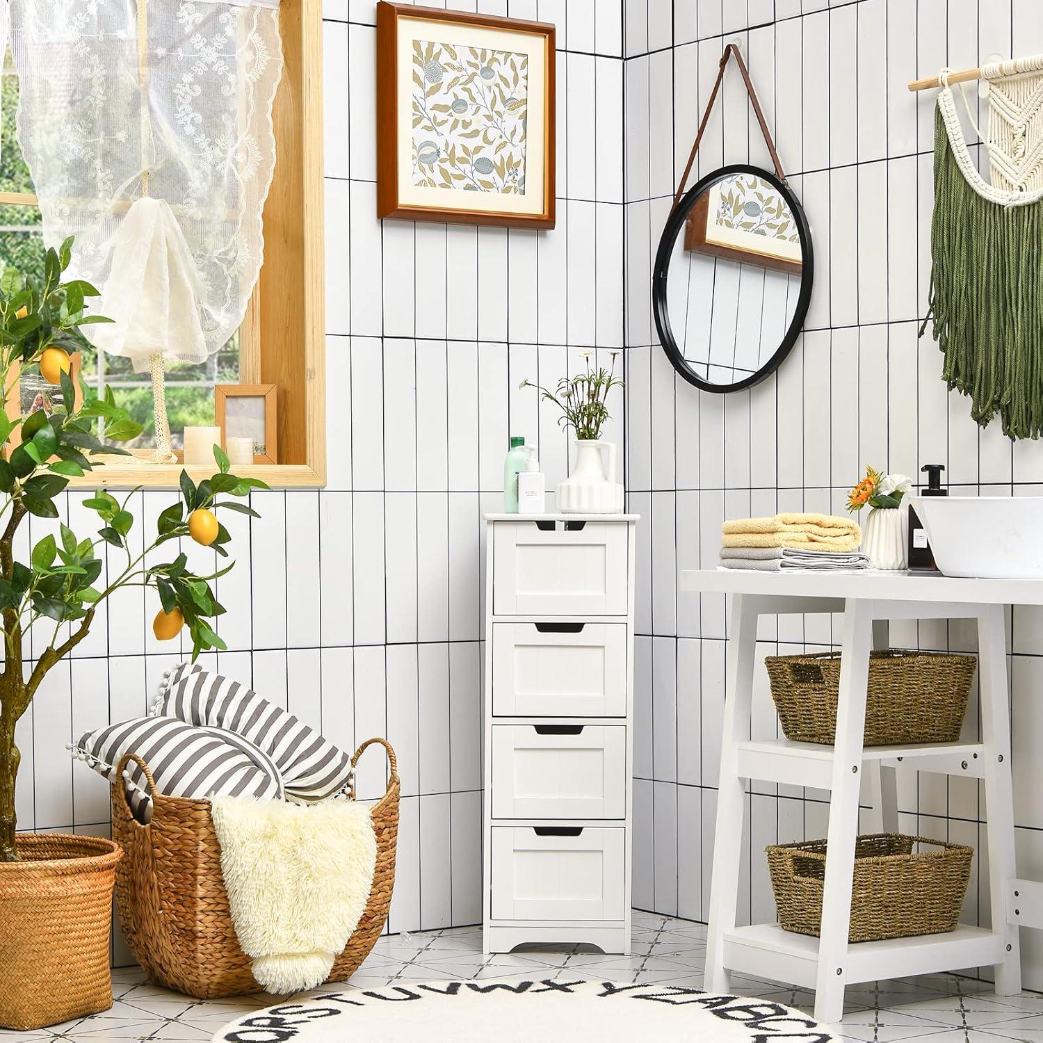White MDF Freestanding Cabinet with 4 Drawers