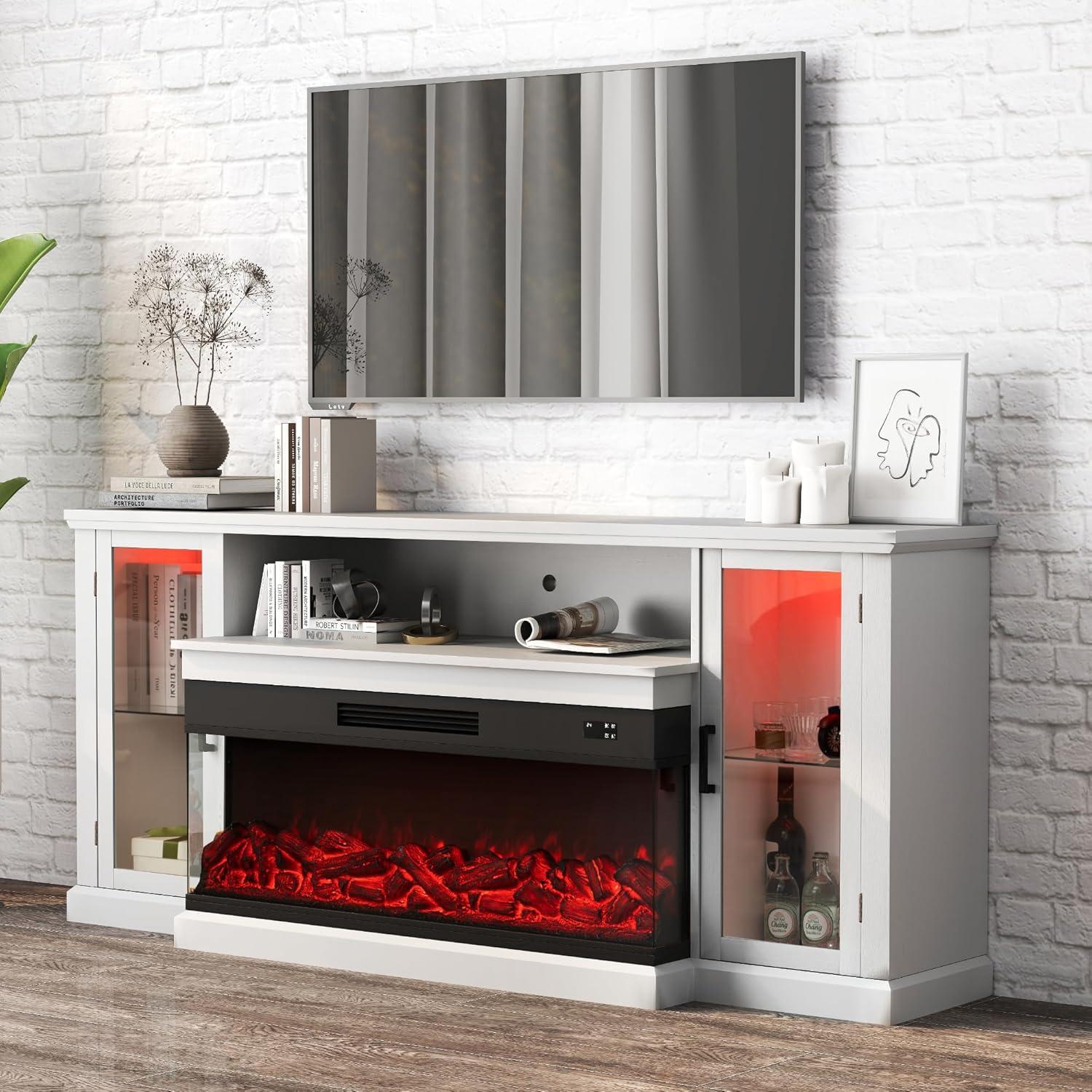 Real Relax Fireplace TV Stand for 80 inch TV, 72.8" Entertainment Center with 40 inch 3-Sided Electric Fireplace & LED Lights for Living Room, White