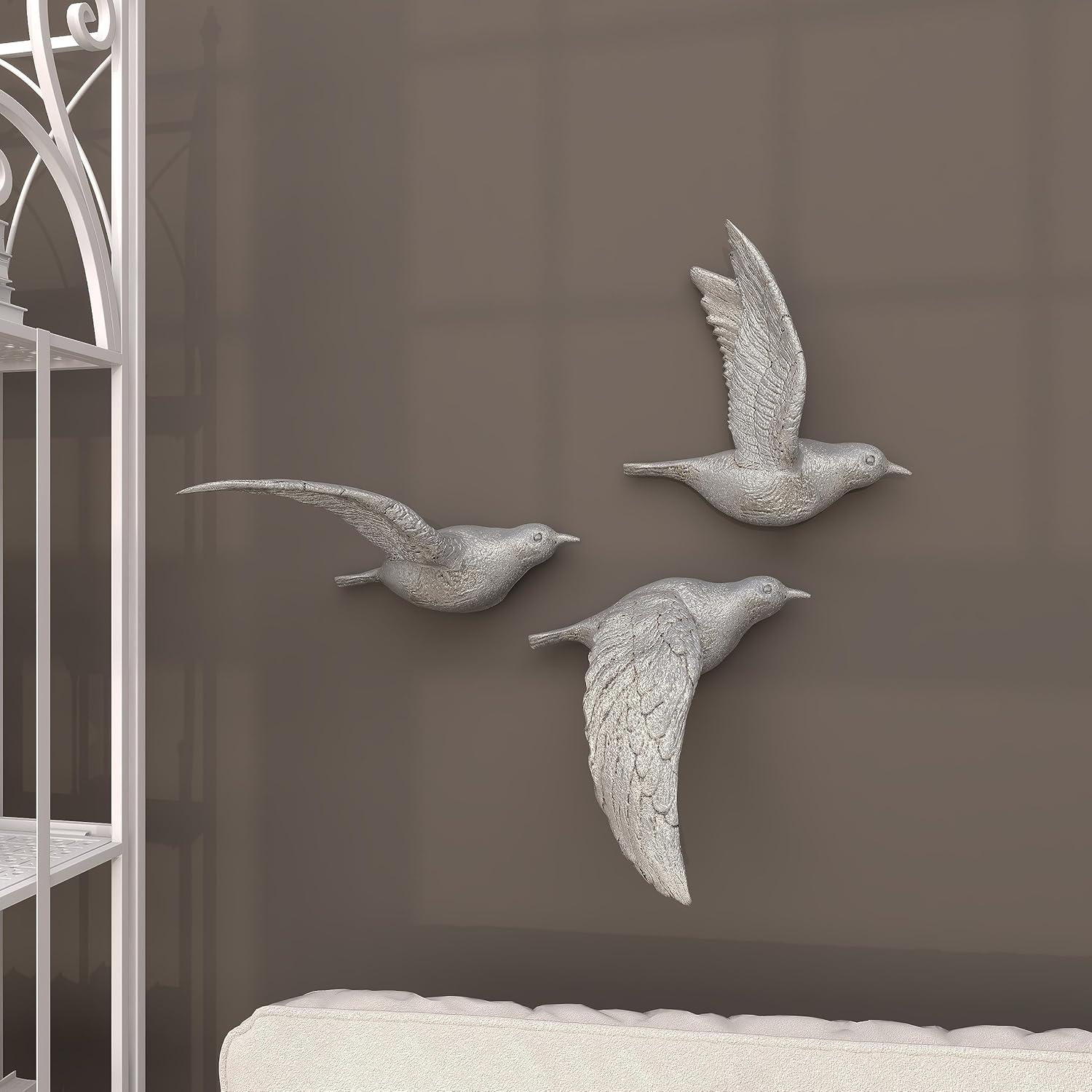 Silver Polystone Bird Wall Sculpture Set of 3