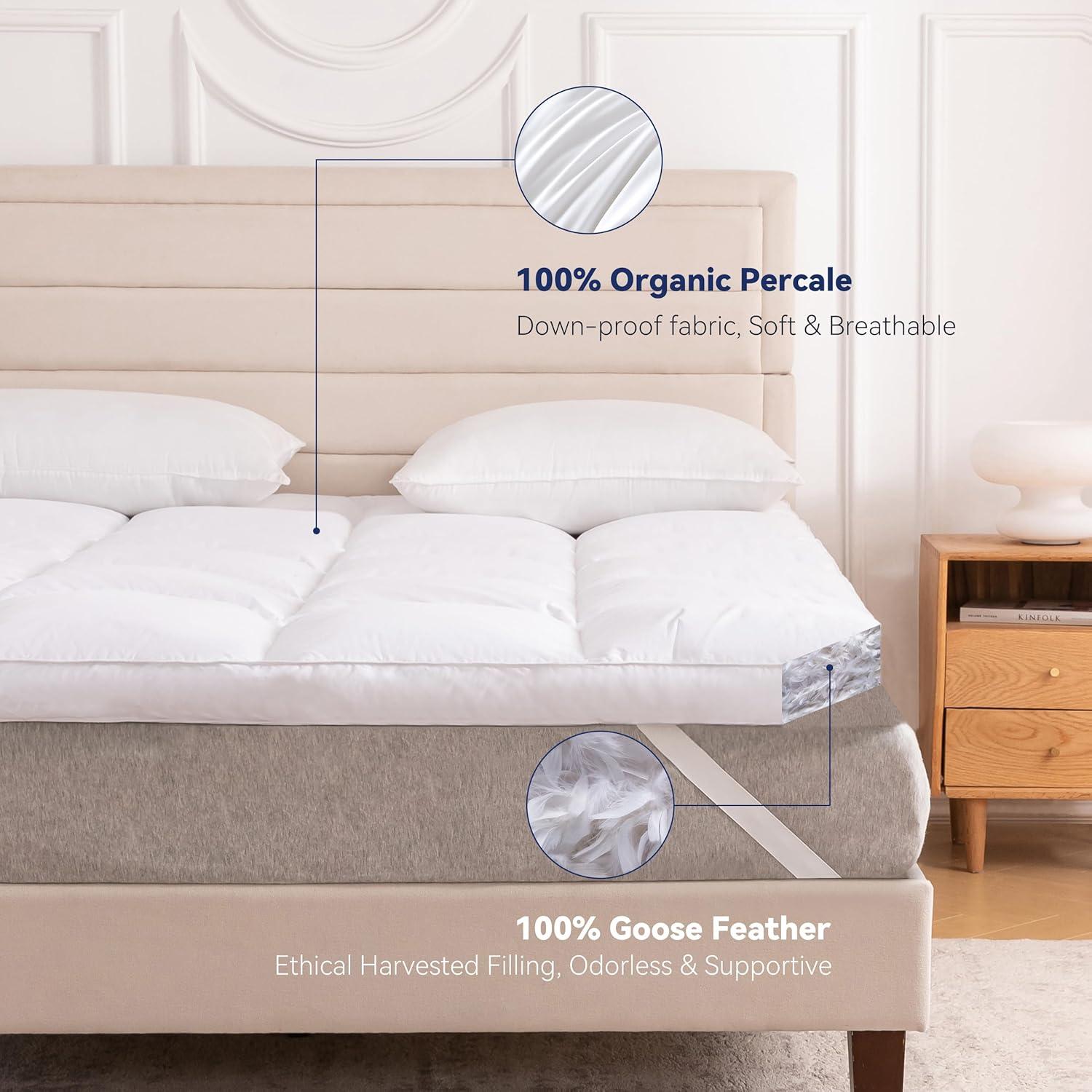 King White Goose Feather Mattress Topper with Organic Cotton Cover