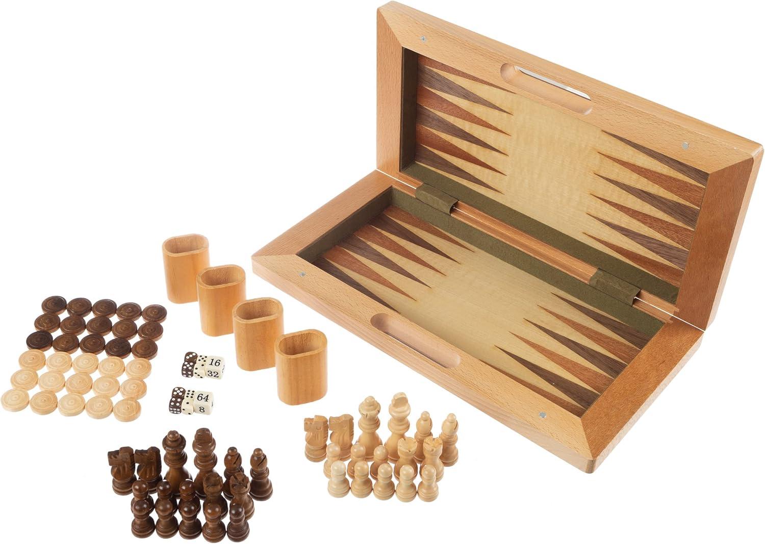 Deluxe Wooden Chess, Checker and Backgammon Set, Brown