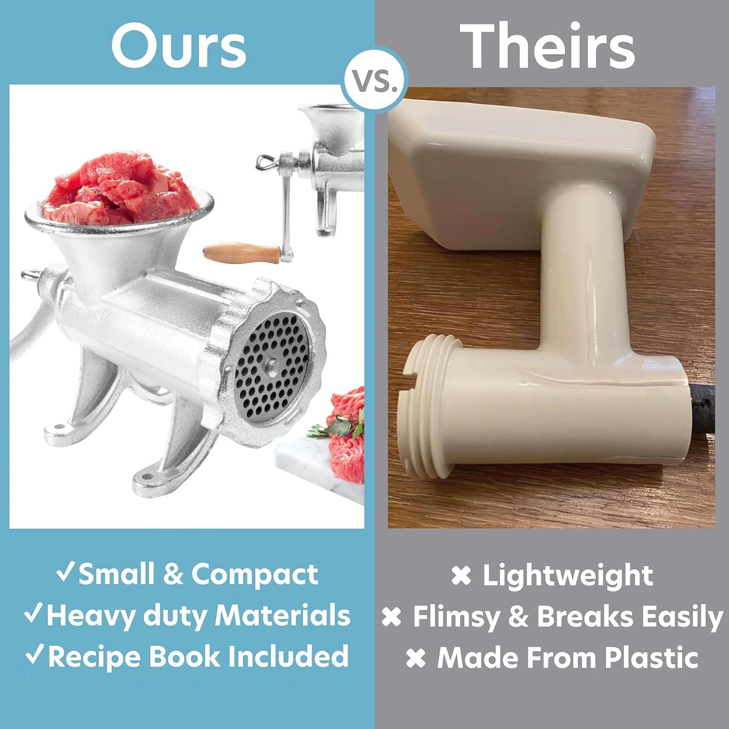 Cast Iron Table Mount Meat Grinder - Manual Mincer w Two 3/4" Cutting Disks & Sausage Stuffer Funnel - Make Homemade Burgers, Cooking Tool Must Have