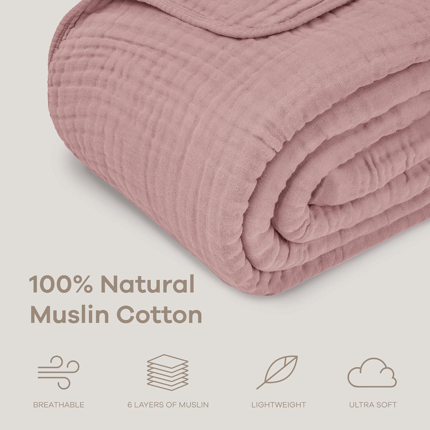 Muslin Blanket for Adults, Extra Large Throw 50" x 60" By Comfy Cubs - Mauve