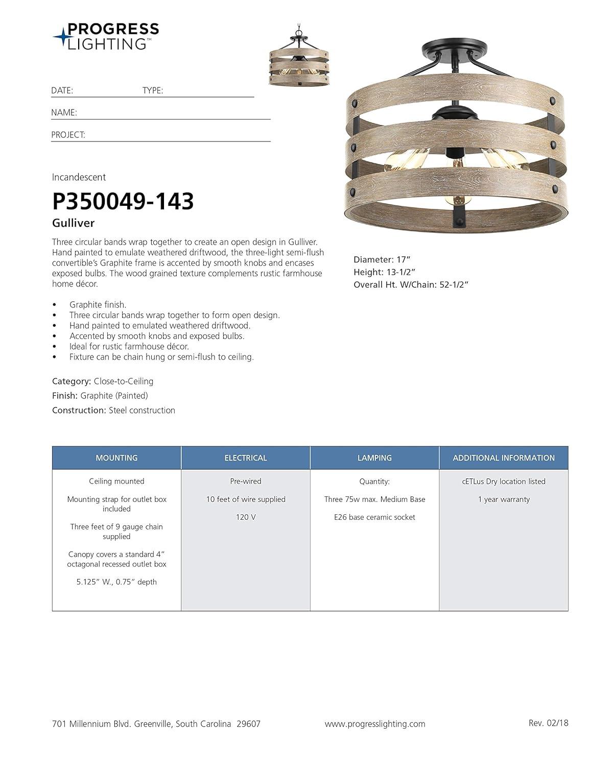 Progress Lighting Gulliver 3-Light Semi-Flush Convertible Ceiling Light, Graphite, Wood Grained Texture