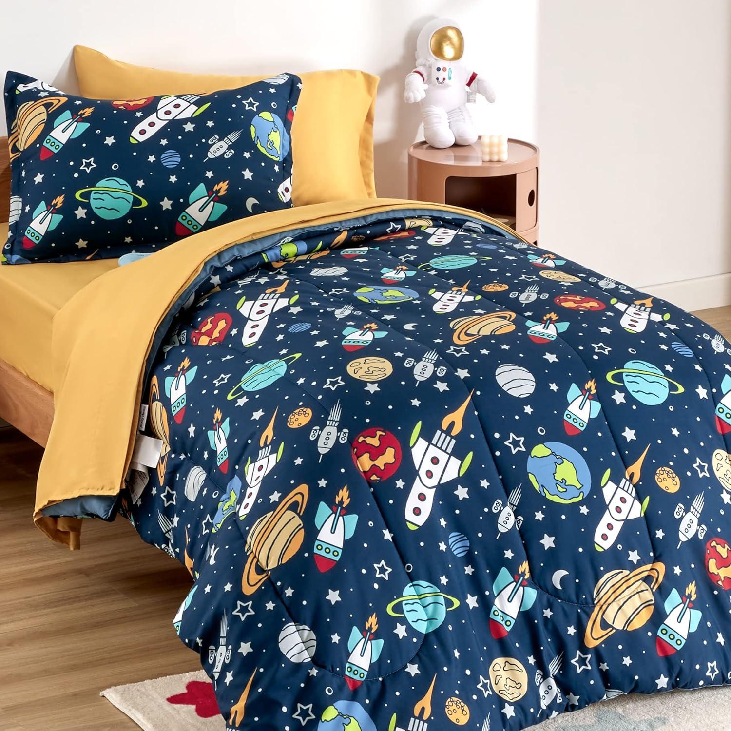 Twin Blue Microfiber Kids Rocket Galaxy Comforter Set