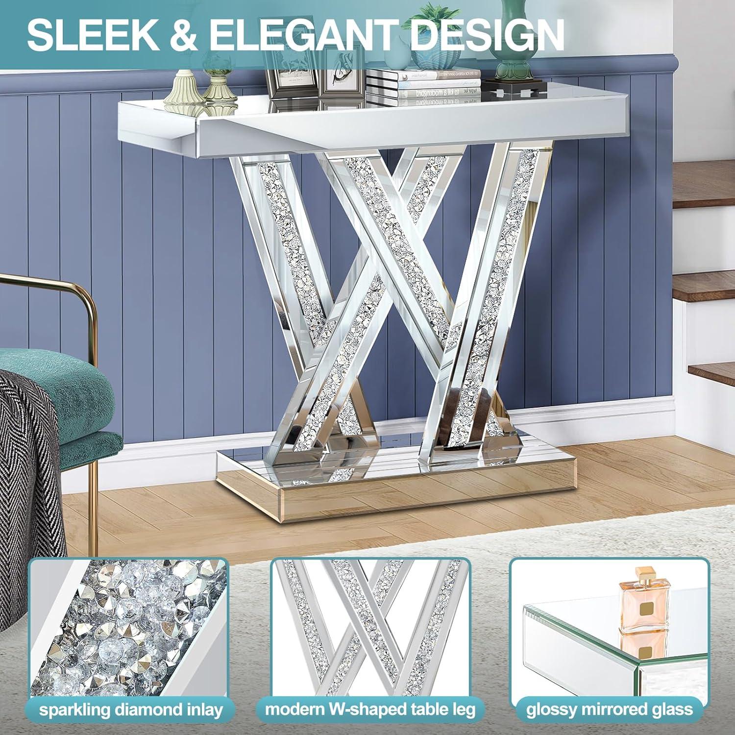 Modern Entryway Console Table With Crushed Diamond Inlay, 35" Silver Mirrored Glass Hallway Table For Entryway, Glam Decorative Sofa Tables For Living Room