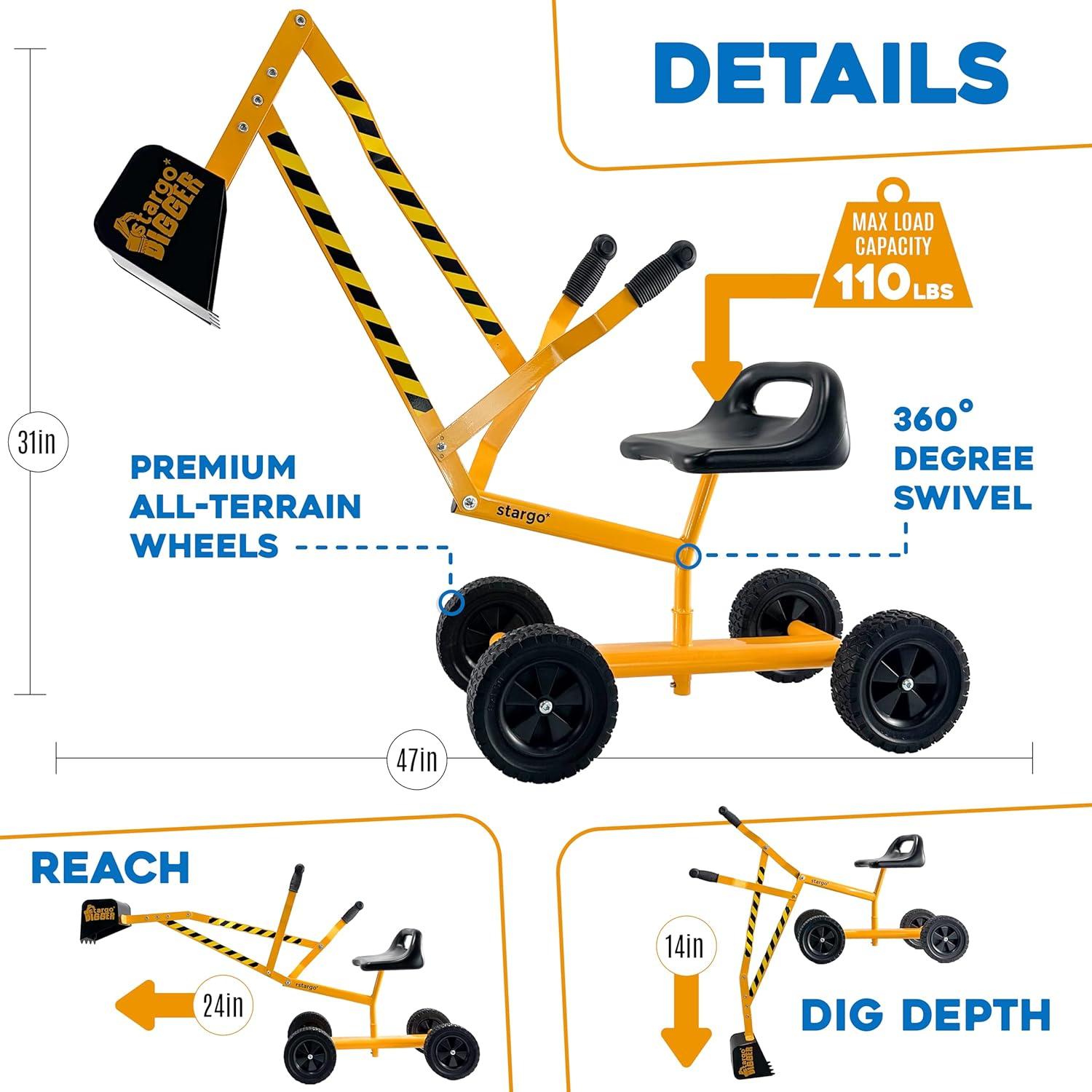 Yellow Steel Ride-On Excavator Toy with Rubber Wheels