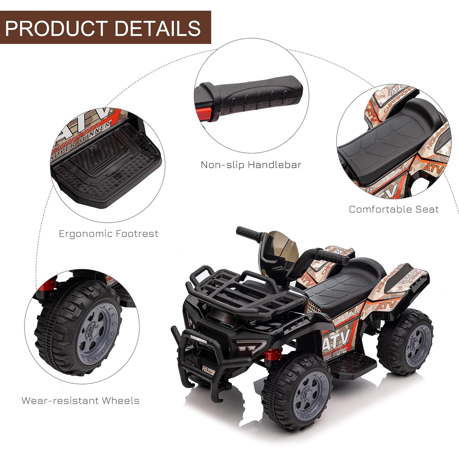 Aosom Kids Ride-on ATV Four Wheeler Car with Music, 6V Battery Powered Motorcycle for 18-36 Months, Black