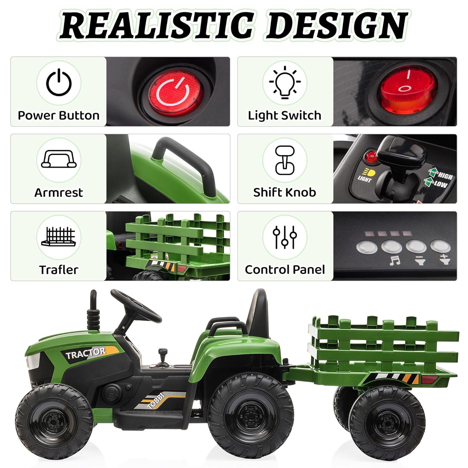 Veryke 35W / 12V Kids Ride On Tractor, Electric Car Toy with Bucket - Green