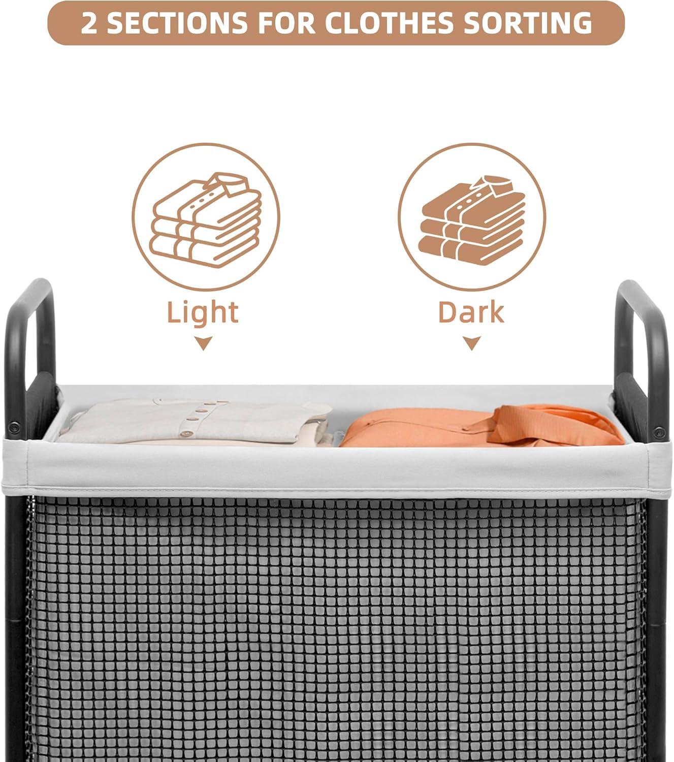 STORAGE MANIAC Rolling Laundry Hamper with Wheels 2-Section Laundry Sorter Rolling Laundrys Basket on Wheels with Removable Bag Clothes Hamper Laundrys Organizer Cart Bathroom Bedroom 100L Grey