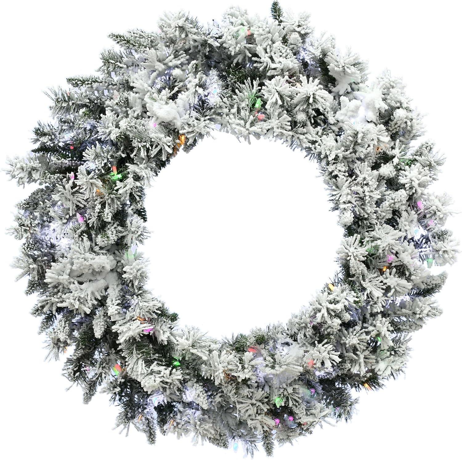 24-Inch White Pine Snowy Christmas Wreath with Multicolor LED Lights