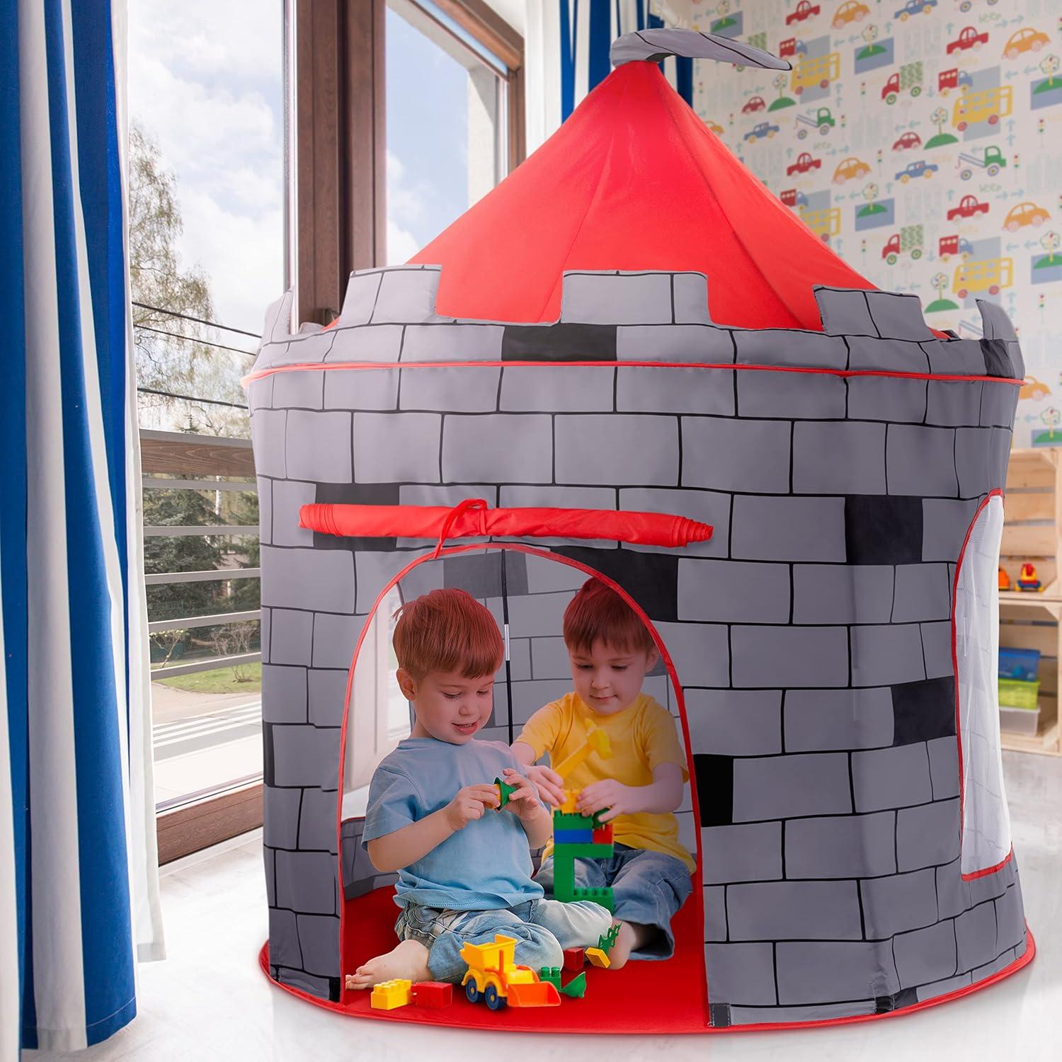 Gray and Red Castle-Themed Foldable Kids Play Tent