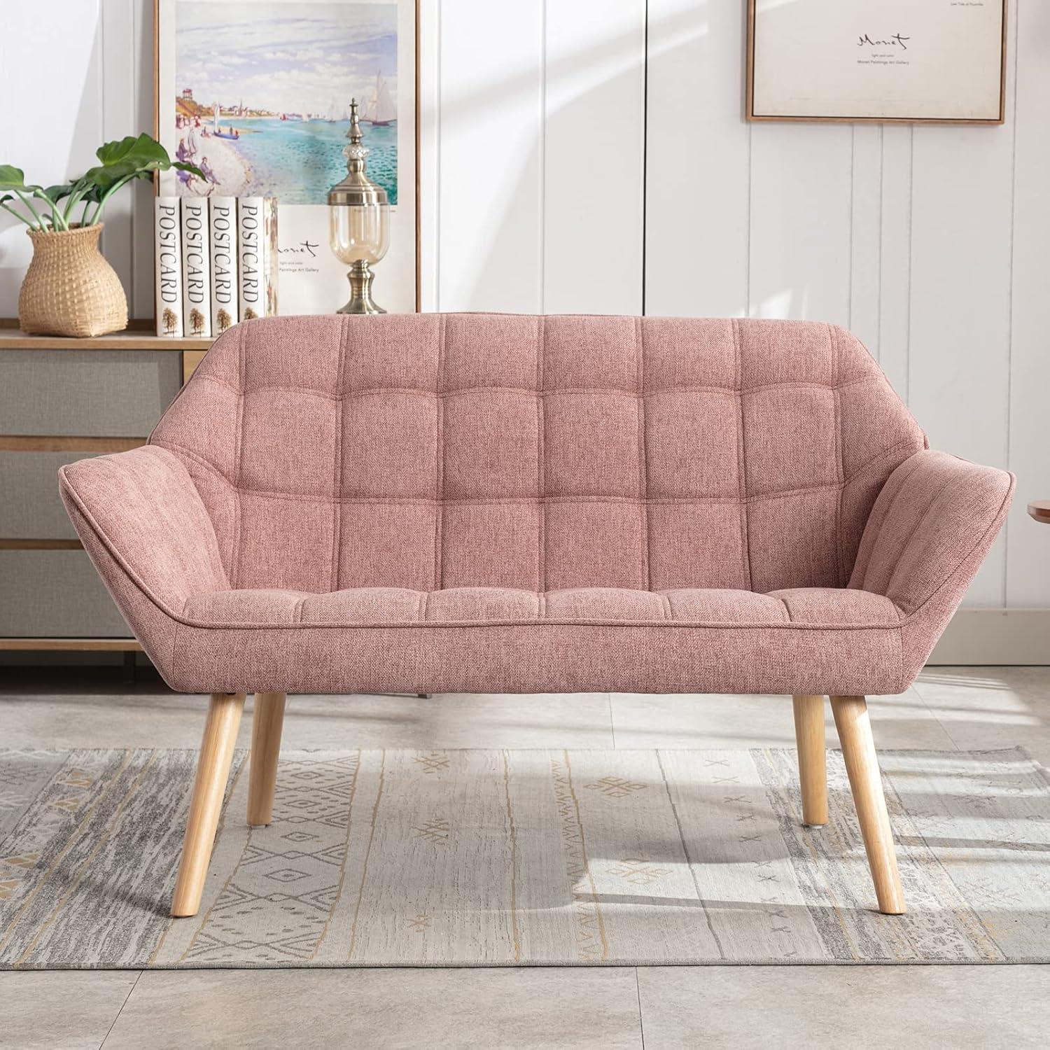 Pink Linen Plaid Loveseat with Wooden Legs