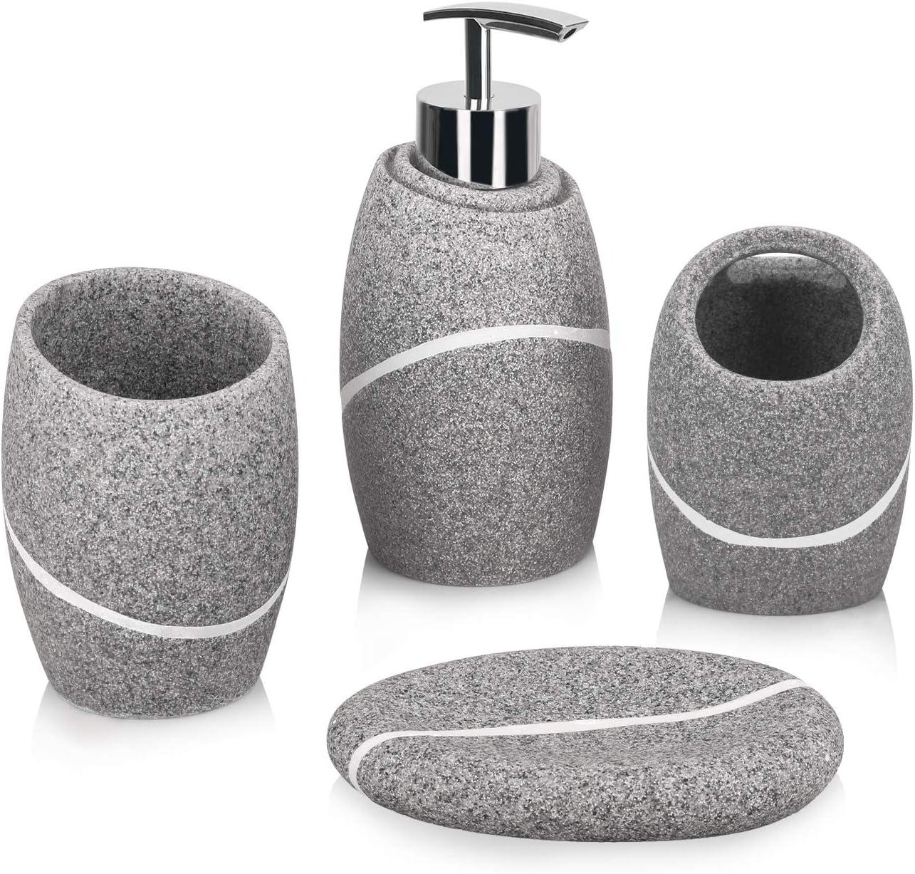 Bathroom Accessory Set,4 Pieces Bathroom Decor Accessories Complete Set Vanity Countertop Accessory Set,Includes Bathroom Soap Dispenser Set,Toothbrush Holder Set,Tumbler,Soap Dish,Grey Granite