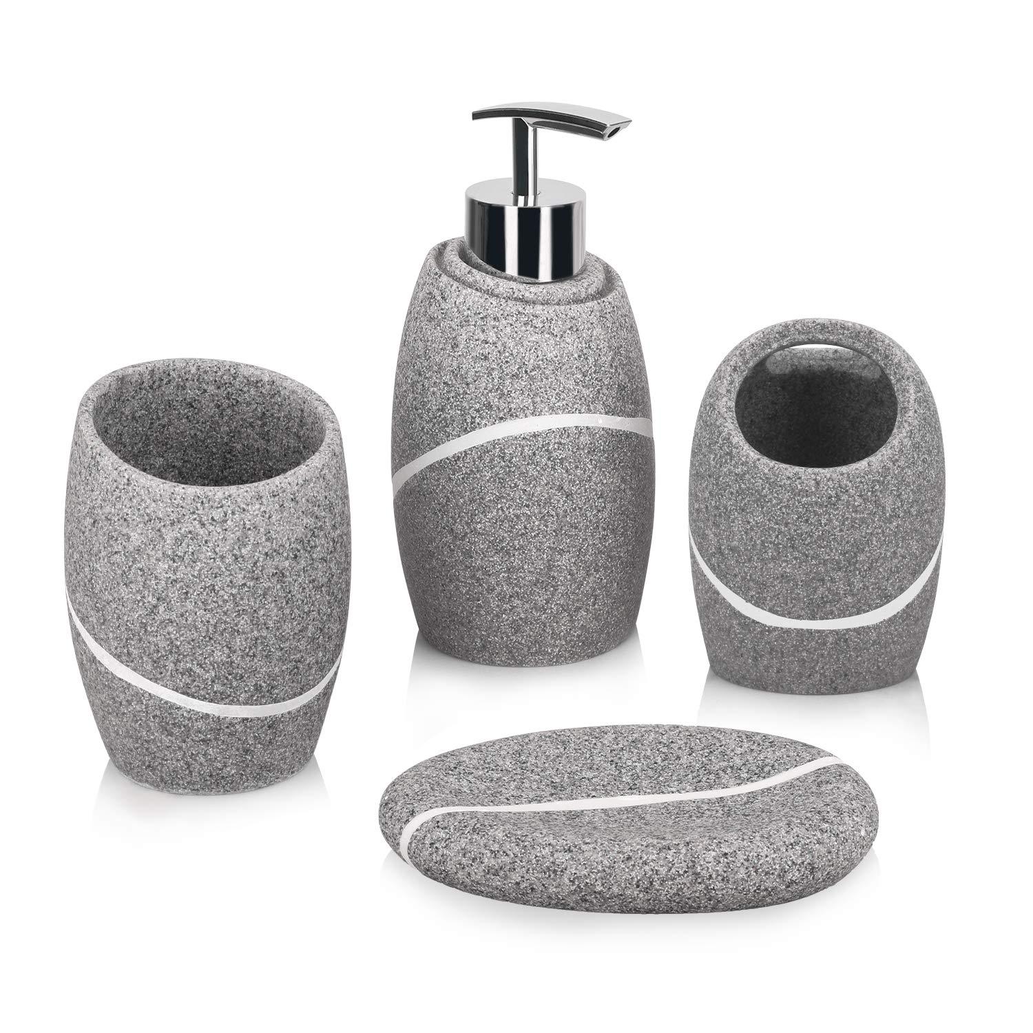 Bathroom Accessory Set,4 Pieces Bathroom Decor Accessories Complete Set Vanity Countertop Accessory Set,Includes Bathroom Soap Dispenser Set,Toothbrush Holder Set,Tumbler,Soap Dish,Grey Granite