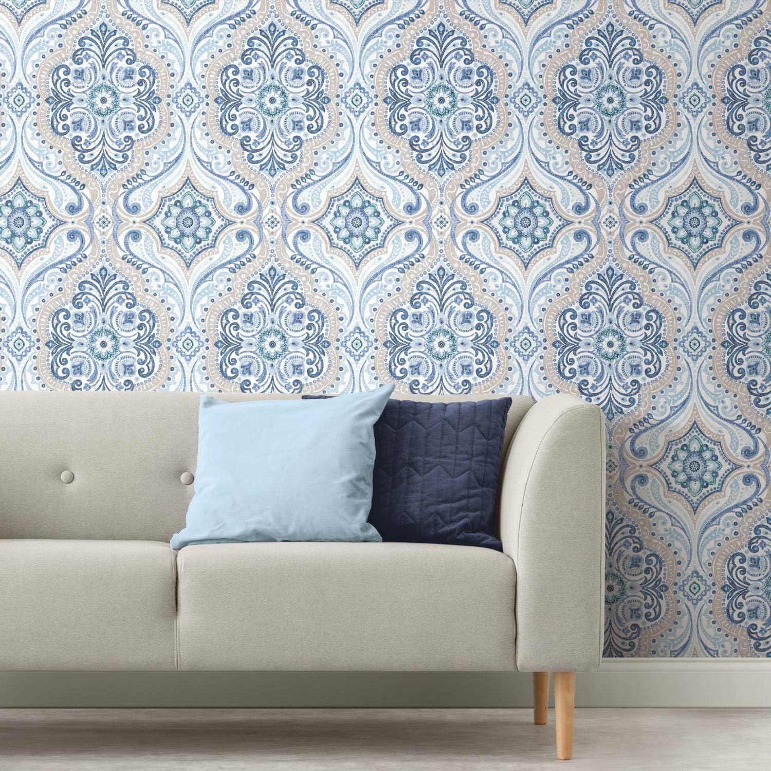 Blue and Tan Bohemian Damask Peel and Stick Wallpaper